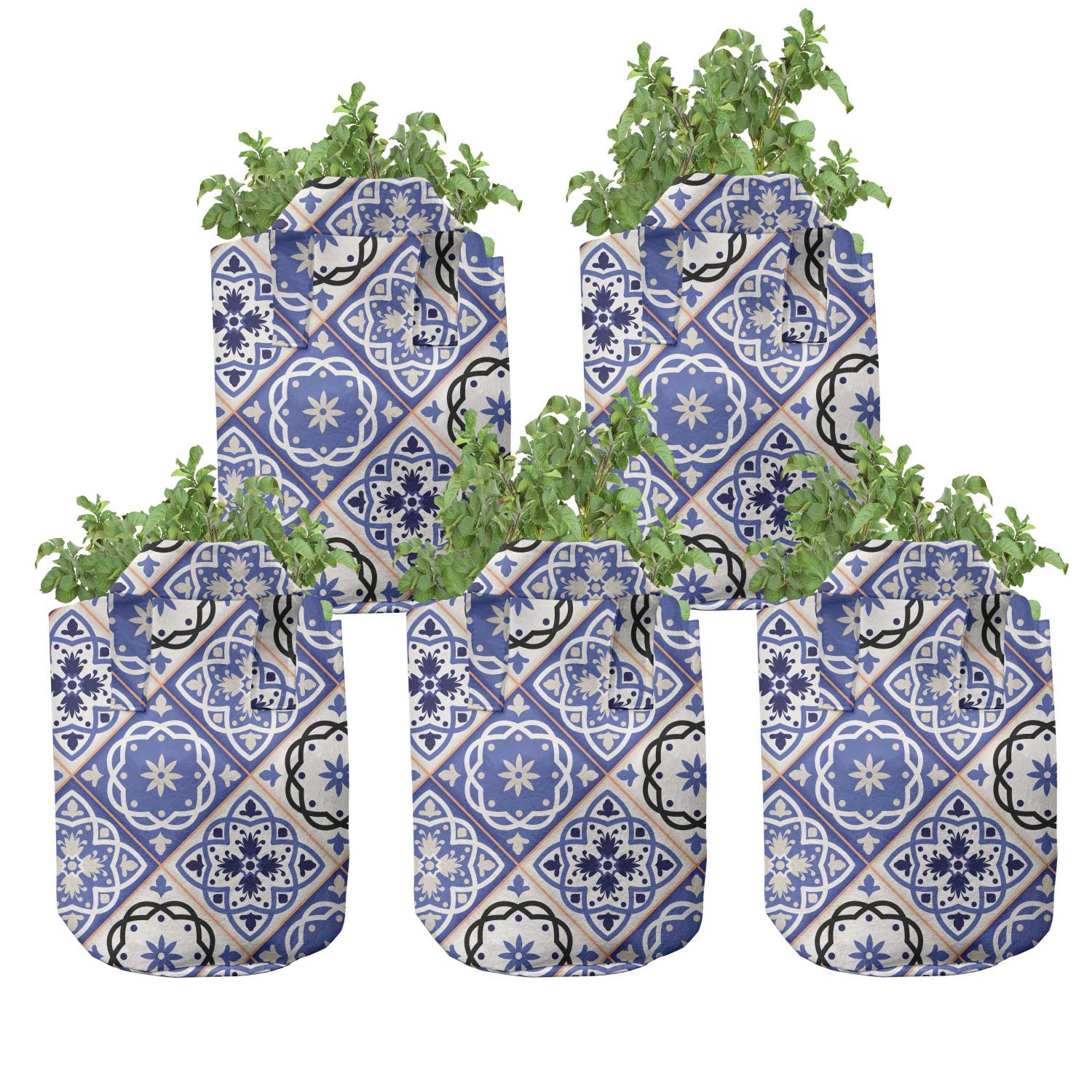 Ambesonne 5-Pack Moroccan Geometric Azulejo Design Heavy Duty Fabric Grow Bags with Handles - Violet Blue Black & Cream Plant Pots for Indoor/Outdoor Gardening, Vegetables, Herbs & Flowers