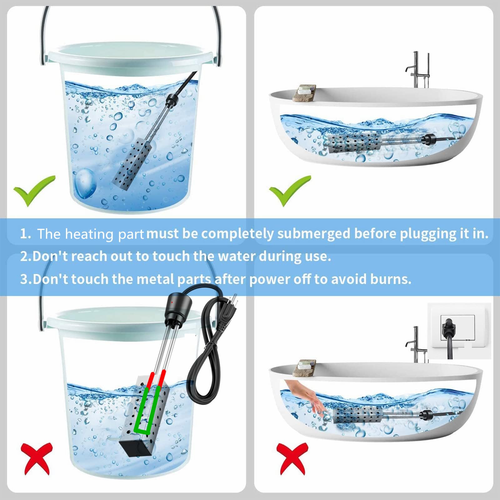 Portable Bucket Heater - Submersible Water Heater for Pools, Bathtubs & Hot Tubs | Fast Heating 5 Gallons to 104°F in 10 Minutes | Perfect for Camping, RV Trips & Outdoor Bathing