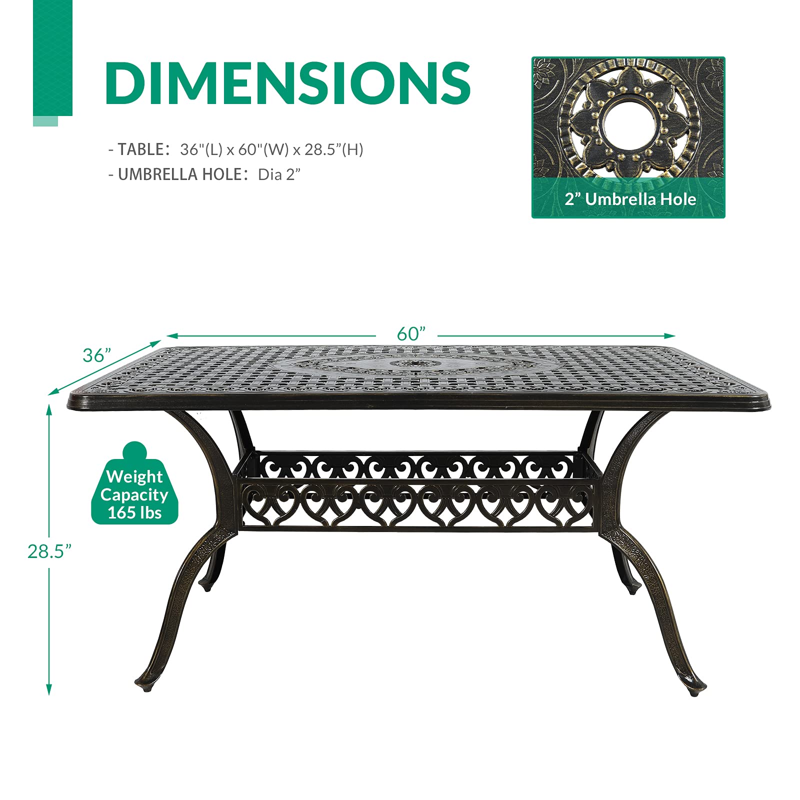 VIVIJASON Outdoor Patio Dining Table - Rustic Bronze Rectangle Cast Aluminum Table with Umbrella Hole - Perfect for Backyard BBQs, Garden Parties & Poolside Dining