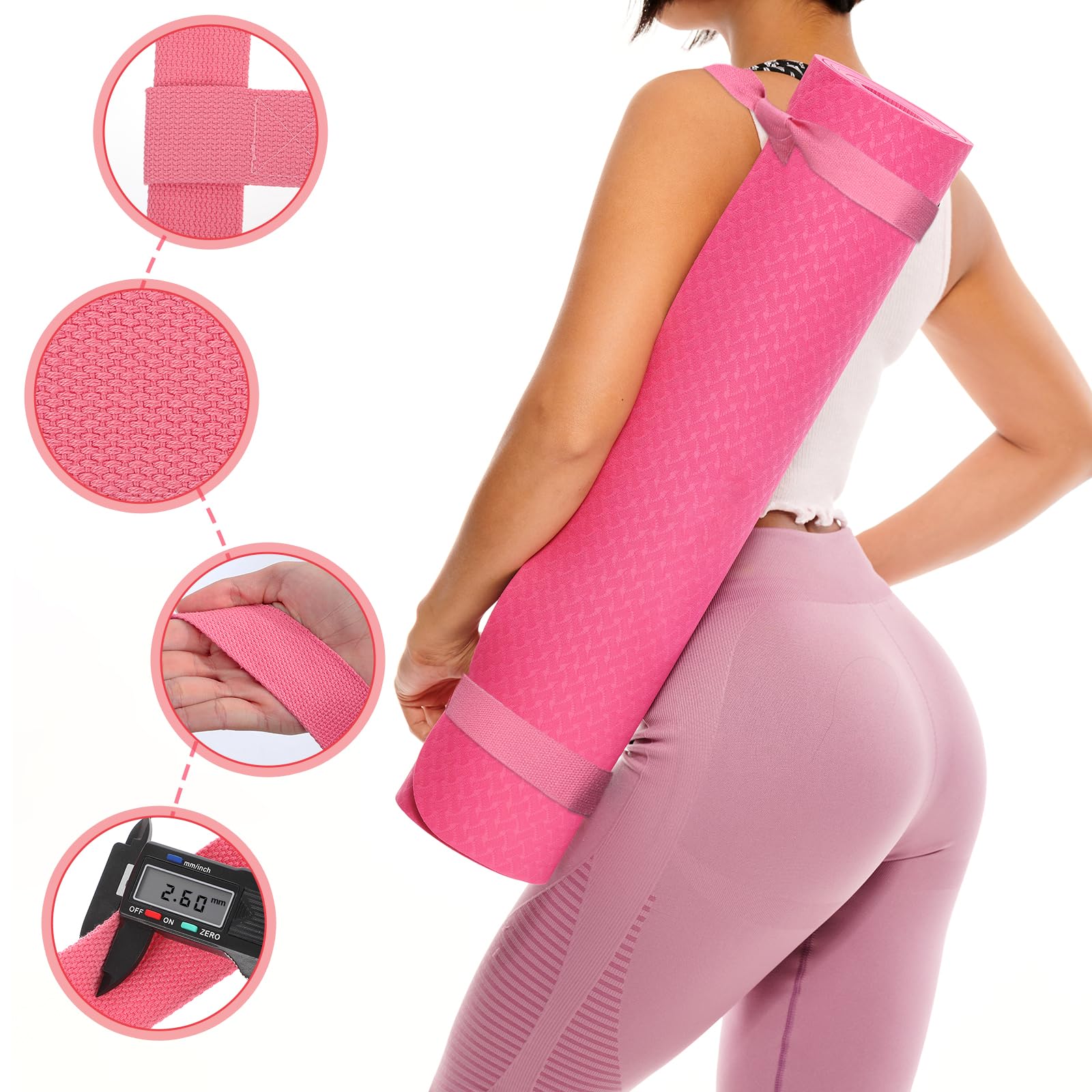 Grevosea Adjustable Yoga Mat Strap - Wide & Durable Yoga Mat Carrier with Hook & Loop Closure for All Mat Sizes - Comfortable Pink Yoga Accessory for Gym, Travel & Outdoor Yoga Practice - Mat Not Included
