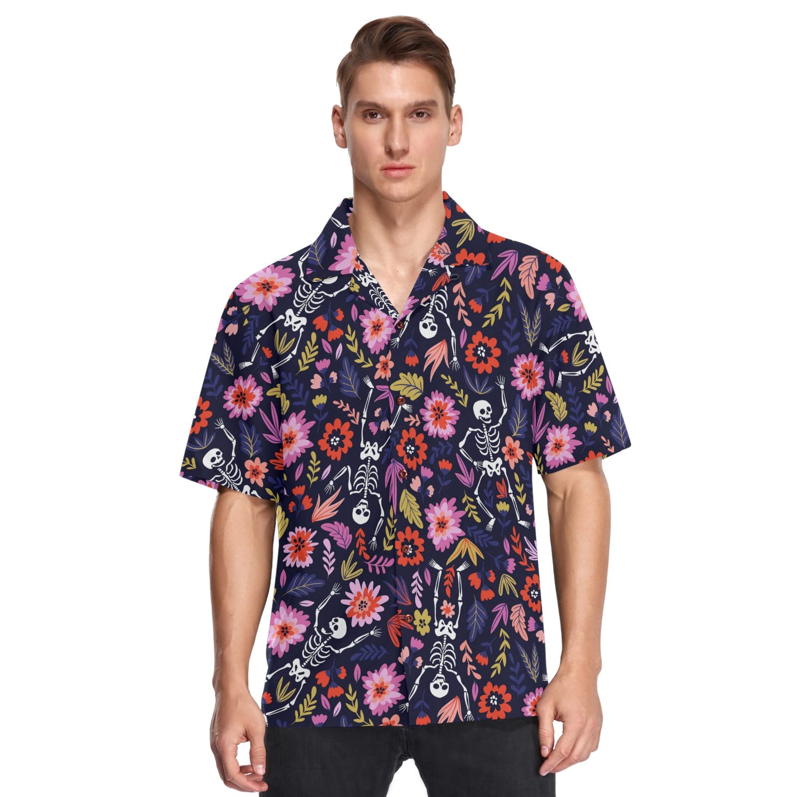 Stylish Pink Skull Flower Men's Hawaiian Shirt - Casual Button Down Shirt for Summer Beach Party, Vacation & Tropical Outfit - Size S 2045073