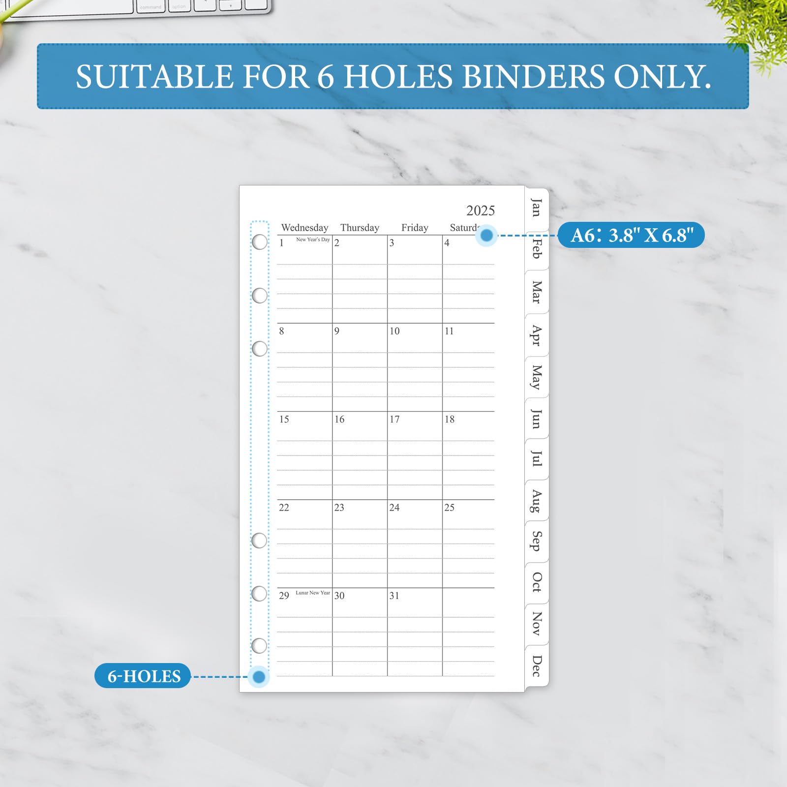 2025 Monthly Planner Refill - A6 6-Ring Binder Inserts with 12 Tabbed Calendars (3.8