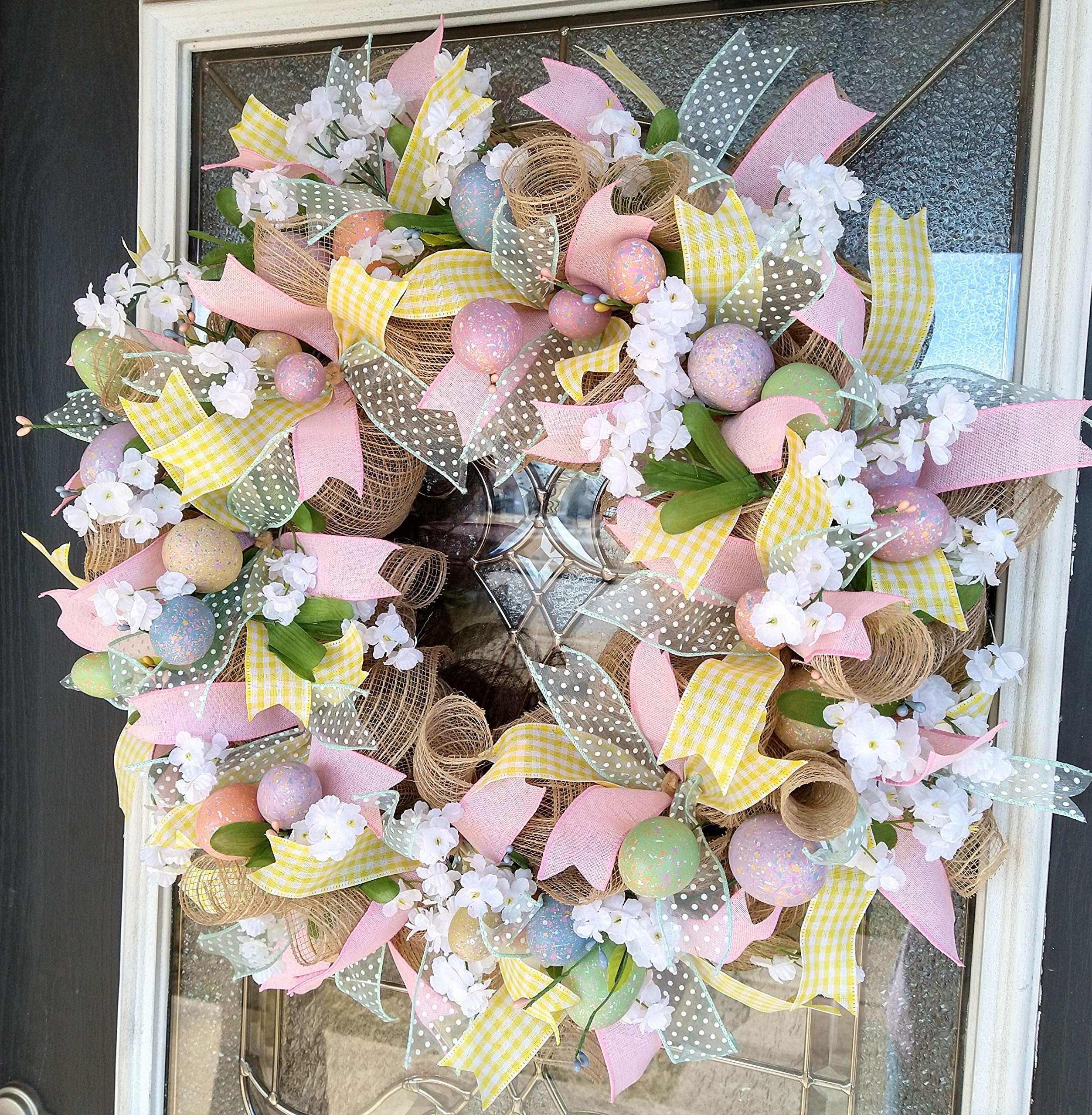 Easter Egg Spring Deco Mesh Front Door Wreath - Handmade Home Decor for Easter, Housewarming & Wedding Gifts - Perfect for Front Porch, Entryway & Seasonal Door Hangers
