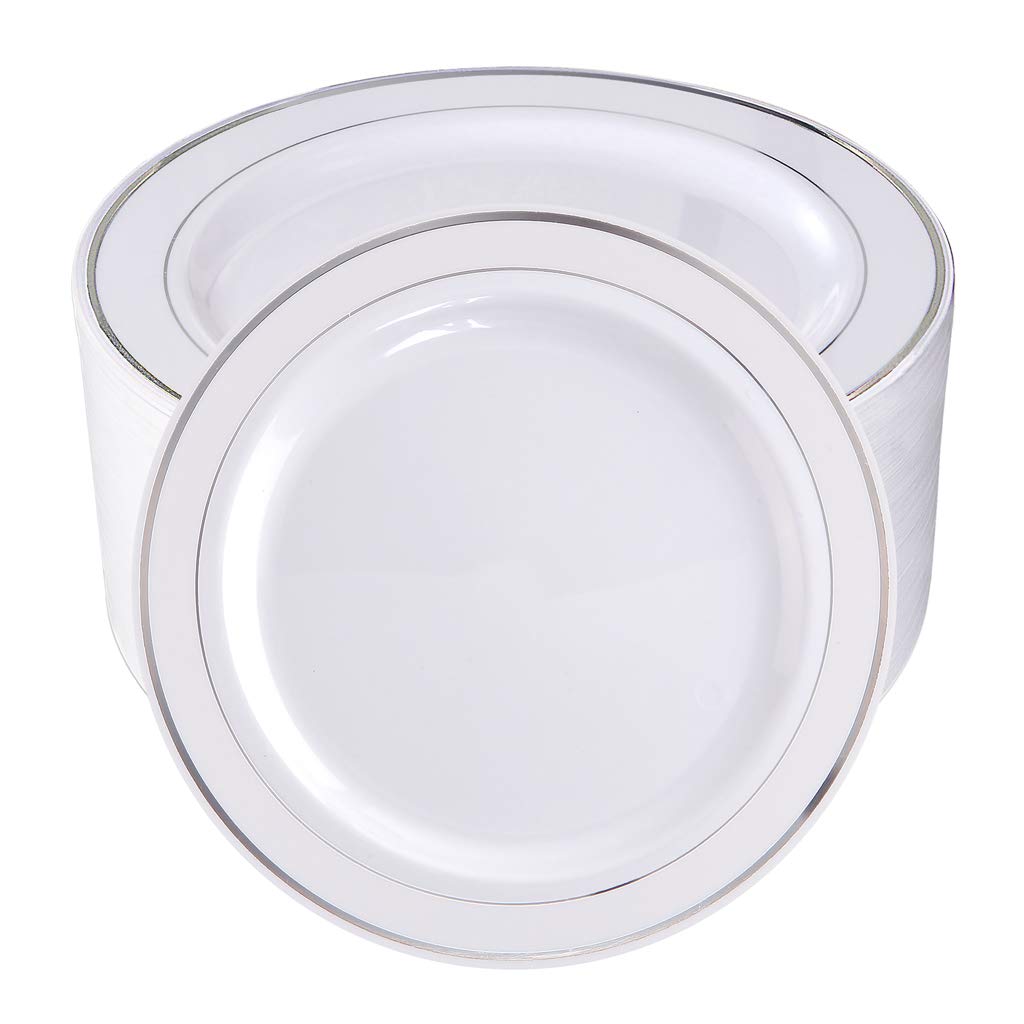 100-Pack Silver Rim Plastic Plates 7.5 Inch - Elegant Disposable Salad & Dessert Plates for Wedding, Party, Christmas - Perfect for Buffets, Catering & Holiday Gatherings