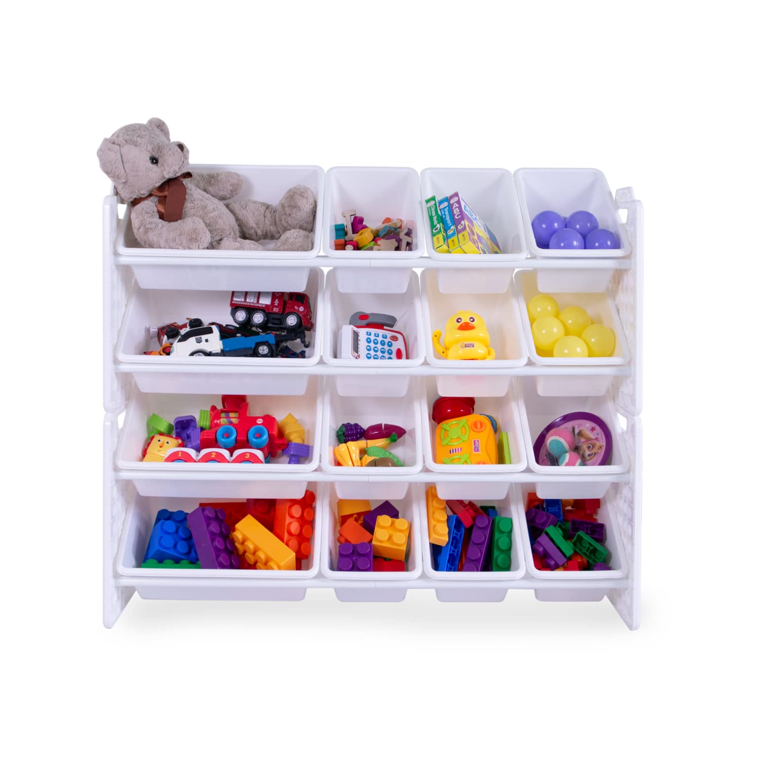 UNiPLAY 16-Bin Toy Organizer with Removable Storage Bins | Kids Bookshelf & Toy Storage for Legos, School Supplies, Arts & Crafts | Sturdy White Baseplate Frame for Playroom & Classroom Organization