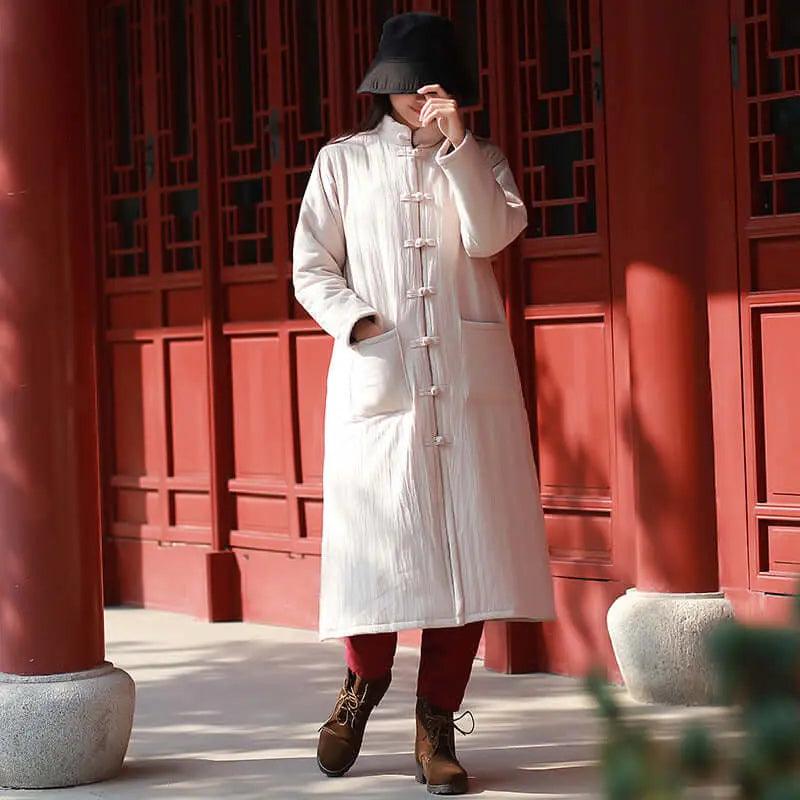 Women's Red Linen Padded Oversize Winter Coat - Warm Long Trench Jacket for Cold Weather, Fashionable Outerwear for Street Style & Winter Travel