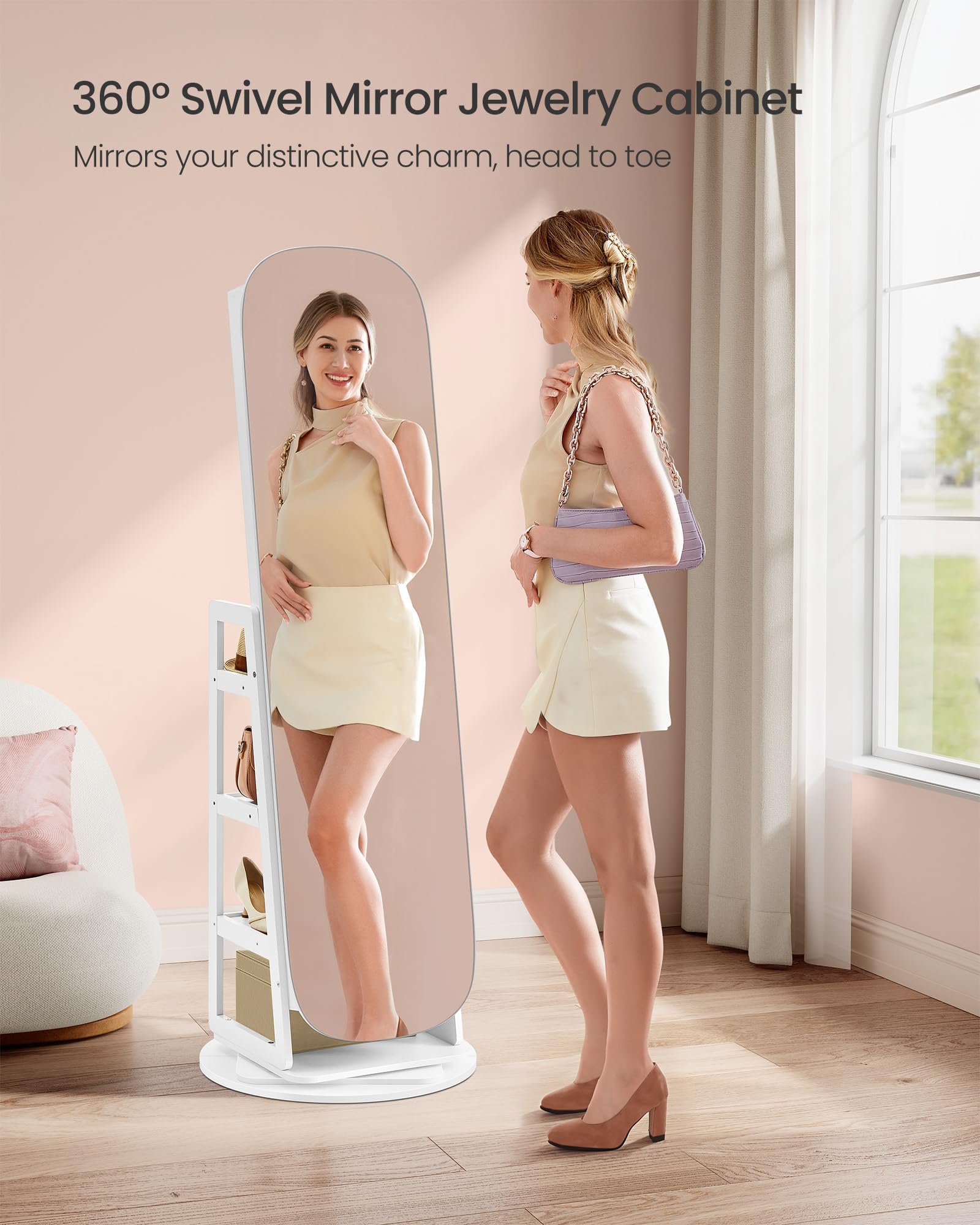 SONGMICS LED Jewelry Organizer Cabinet - 360° Swivel Standing Mirror with Lock, Full-Length Cloud White Jewelry Storage with Shelves & Interior Mirror | Perfect for Bedroom, Dressing Room & Closet Organization