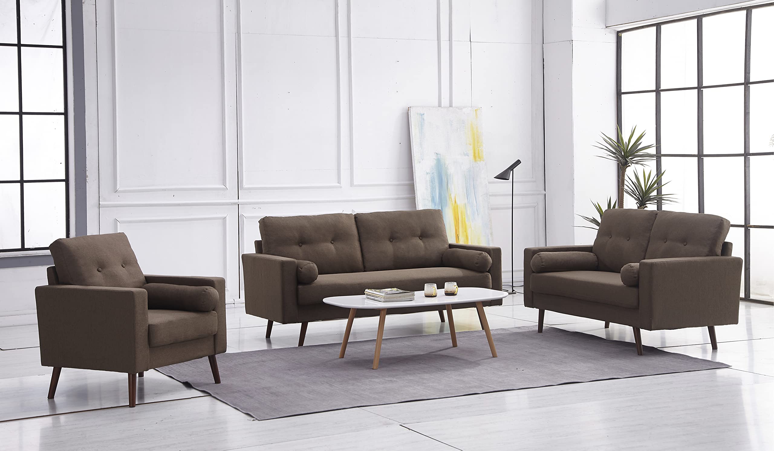 Mid Century Modern Loveseat Sofa - Button Tufted Upholstered Love Seat Couch for Living Room, Bedroom & Office - Brown Leather Accent Chair - Perfect for Small Spaces, Apartments and Cozy Home Decor