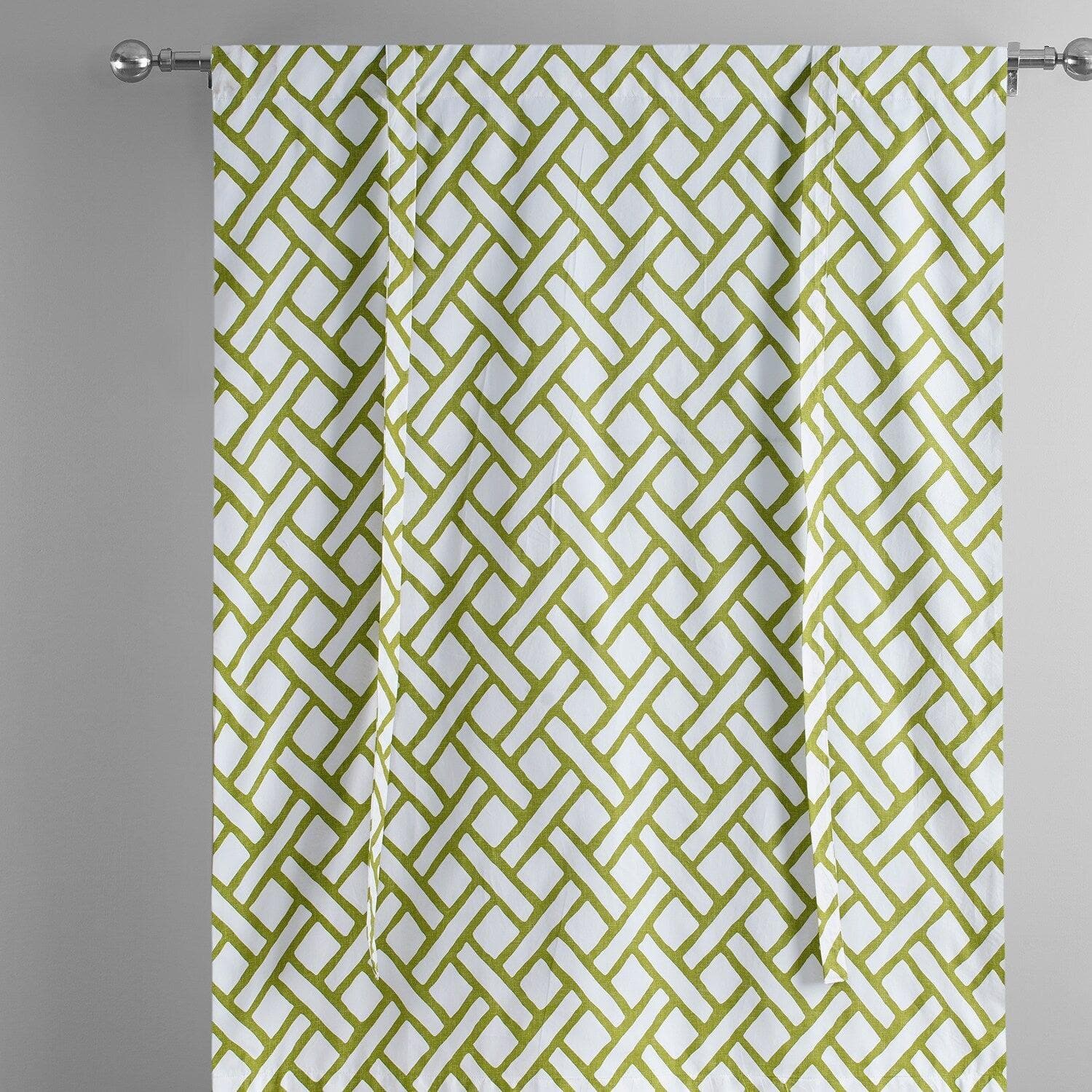 Garden Path Moss Green Geometric Printed Cotton Room Darkening Tie Up Window Shade - Stylish Window Treatment for Living Room, Bedroom & Nursery