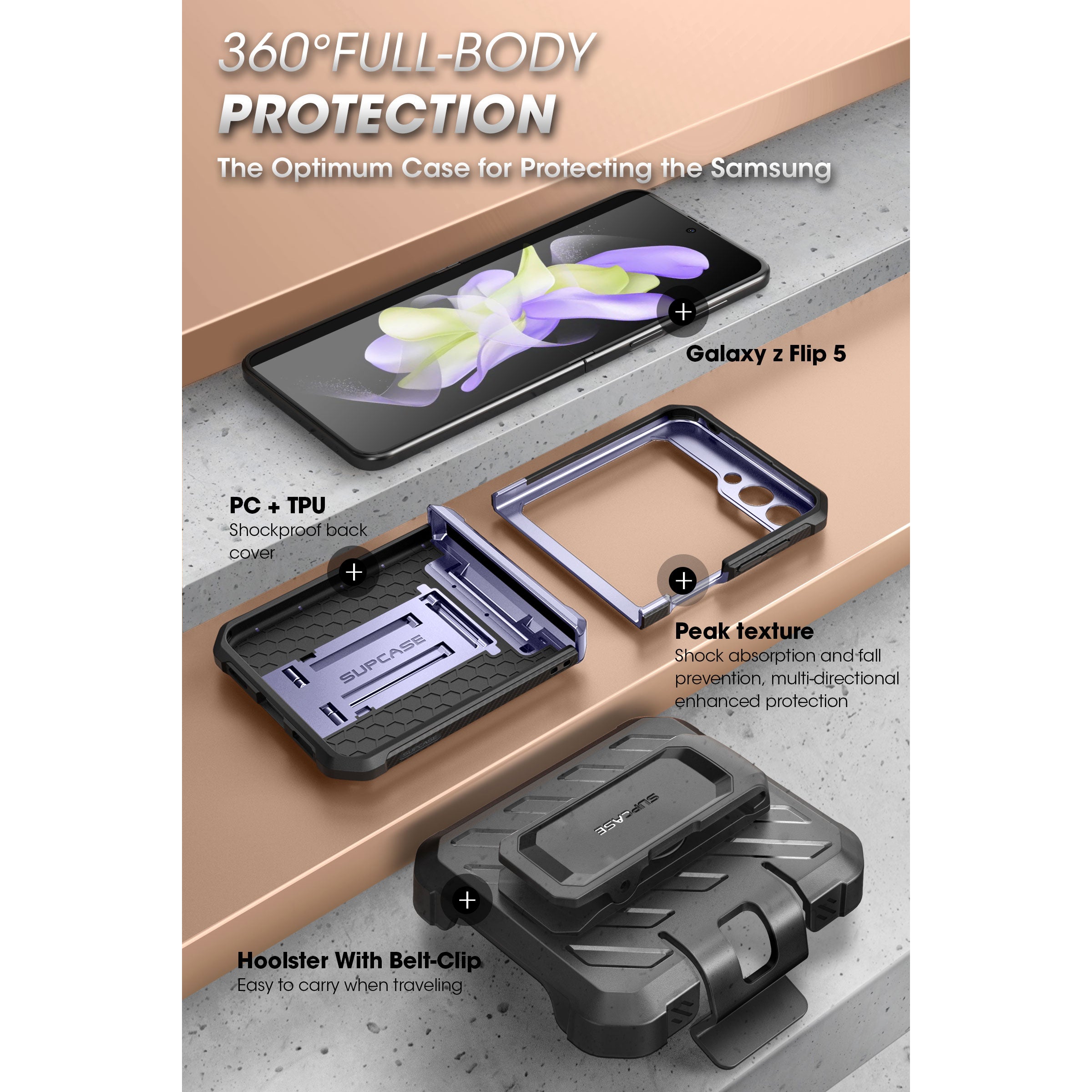 Samsung Galaxy Z Flip5 Unicorn Beetle PRO Heavy Duty Rugged Case with Belt Clip - Shockproof Protective Cover for Everyday Use (Metallic Purple) - Perfect for Outdoor Activities, Work & Travel