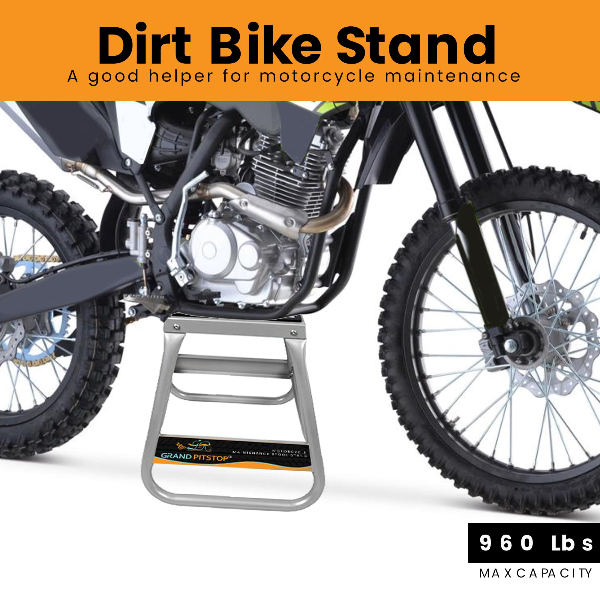 GRAND PITSTOP Universal Motorcycle & Dirt Bike Maintenance Stand - Heavy Duty Steel Construction, Powder Coated Non-Slip Surface for Off-Road Powersports - Perfect for Garage Workshop & Trailside Repairs (Silver)