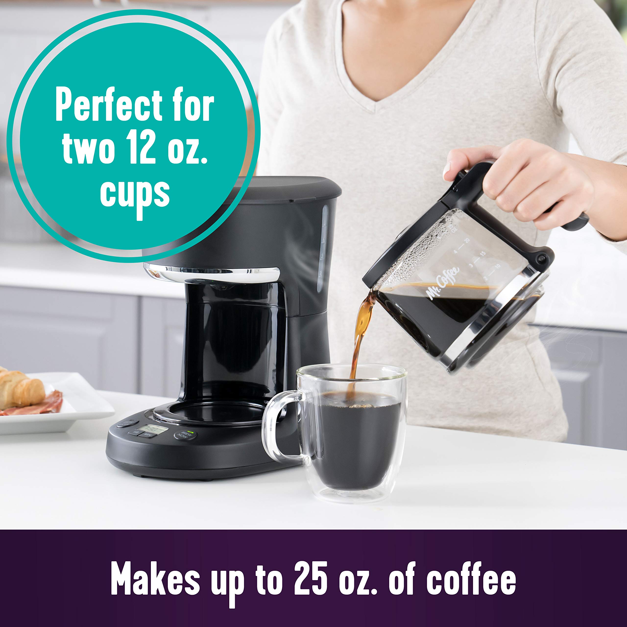 Mr. Coffee 5-Cup Programmable Coffee Maker with Auto Pause & Glass Carafe - Compact Black Coffee Machine for Home, Office, Dorm or RV Use