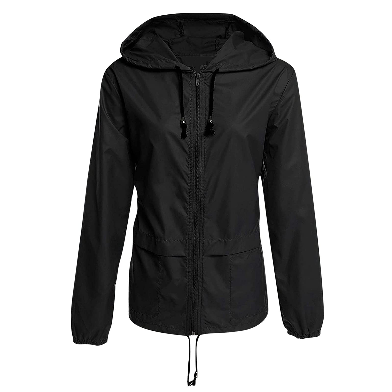 Hugeoxy Women's Lightweight Waterproof Hooded Windbreaker Jacket with Zip Up, Drawstring & Pockets - Perfect for Hiking, Running & Outdoor Activities