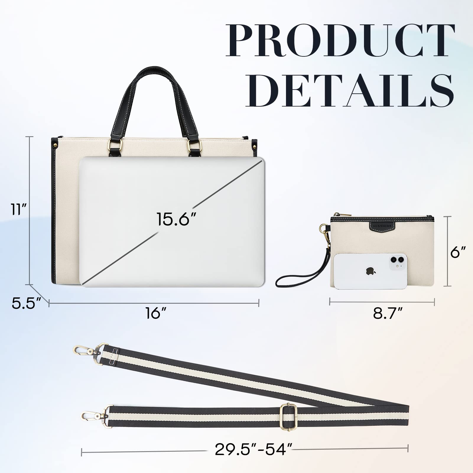 Missnine 15.6 Inch Laptop Tote Bag for Women - 2PCS Canvas Work Shoulder Bag Set with Clutch Purse | Durable & Stylish Computer Bag for Travel, Business Office, College University & Daily Commute