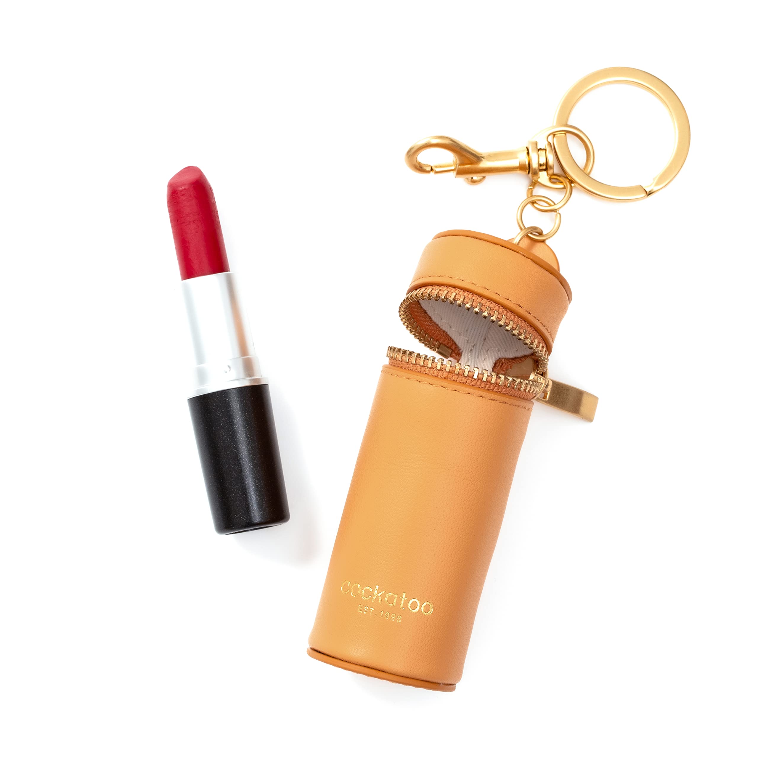 Premium Cockatoo Nappa Leather Lipstick Case with Keychain - Stylish Chapstick Holder & Keyring (Dark Pumpkin) | Perfect for Makeup Bags, Travel Essentials & Gift Ideas