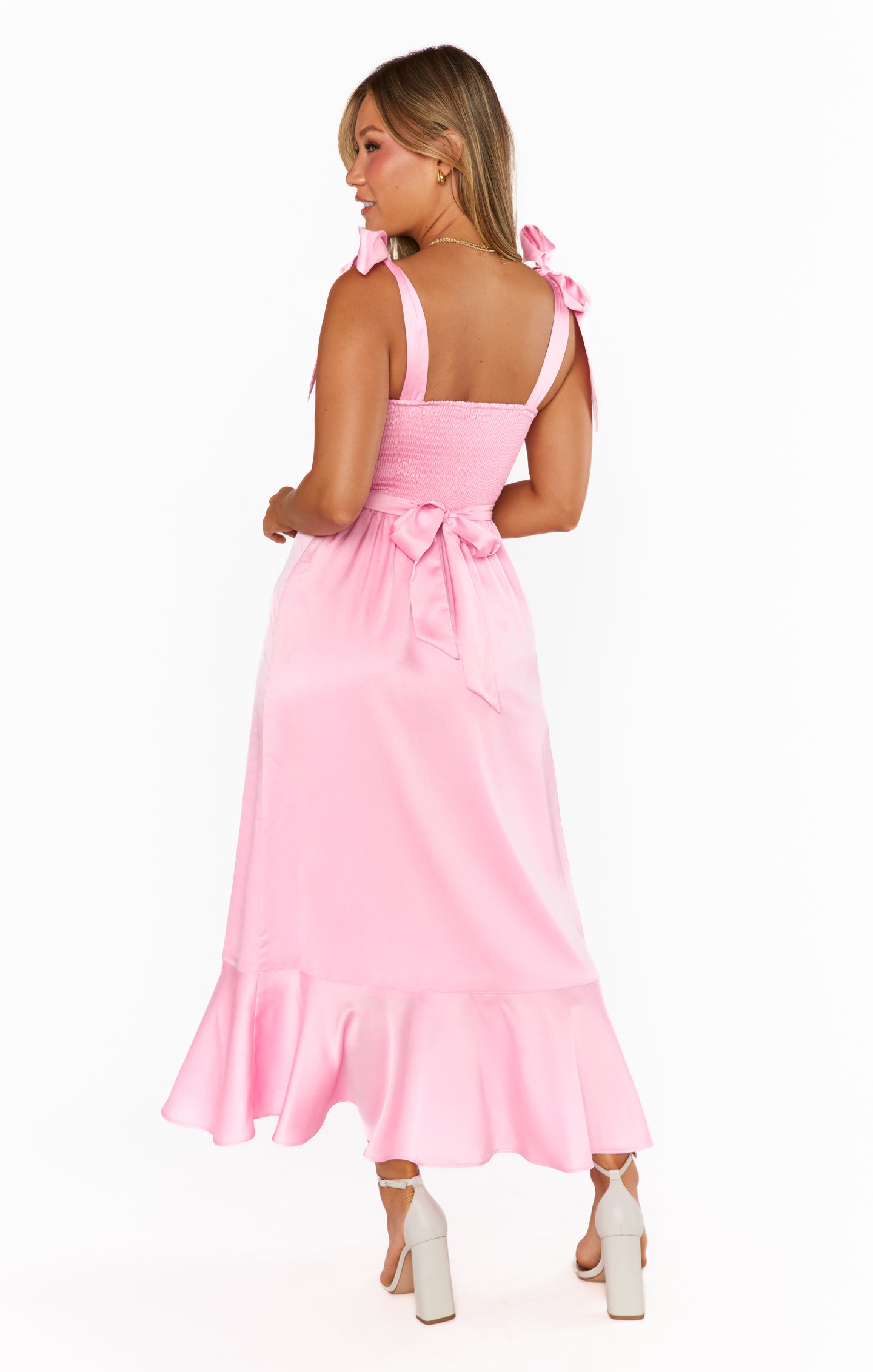 Luxury Light Pink Satin Garden Midi Dress - Elegant Women's Summer Party Dress for Weddings, Cocktail Events & Outdoor Gatherings