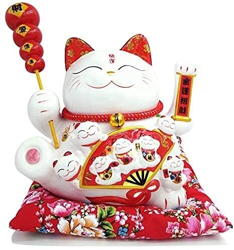 Juzzq Large White Lucky Waving Cat Figurine - Feng Shui Maneki Neko Fortune Cat with Moving Arm for Home Office Desk Decor, Garden Ornament & Gift | Perfect for Living Room, Workspace & Asian-Themed Decorations