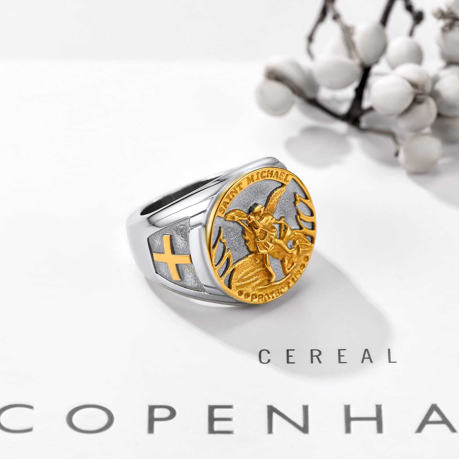 PROSTEEL Men's Archangel Angel Ring - Saint Michael & Christopher Religious Jewelry - Gold Plated Stainless Steel Ring with Gift Box - Perfect for Baptism, Confirmation & Spiritual Gifts
