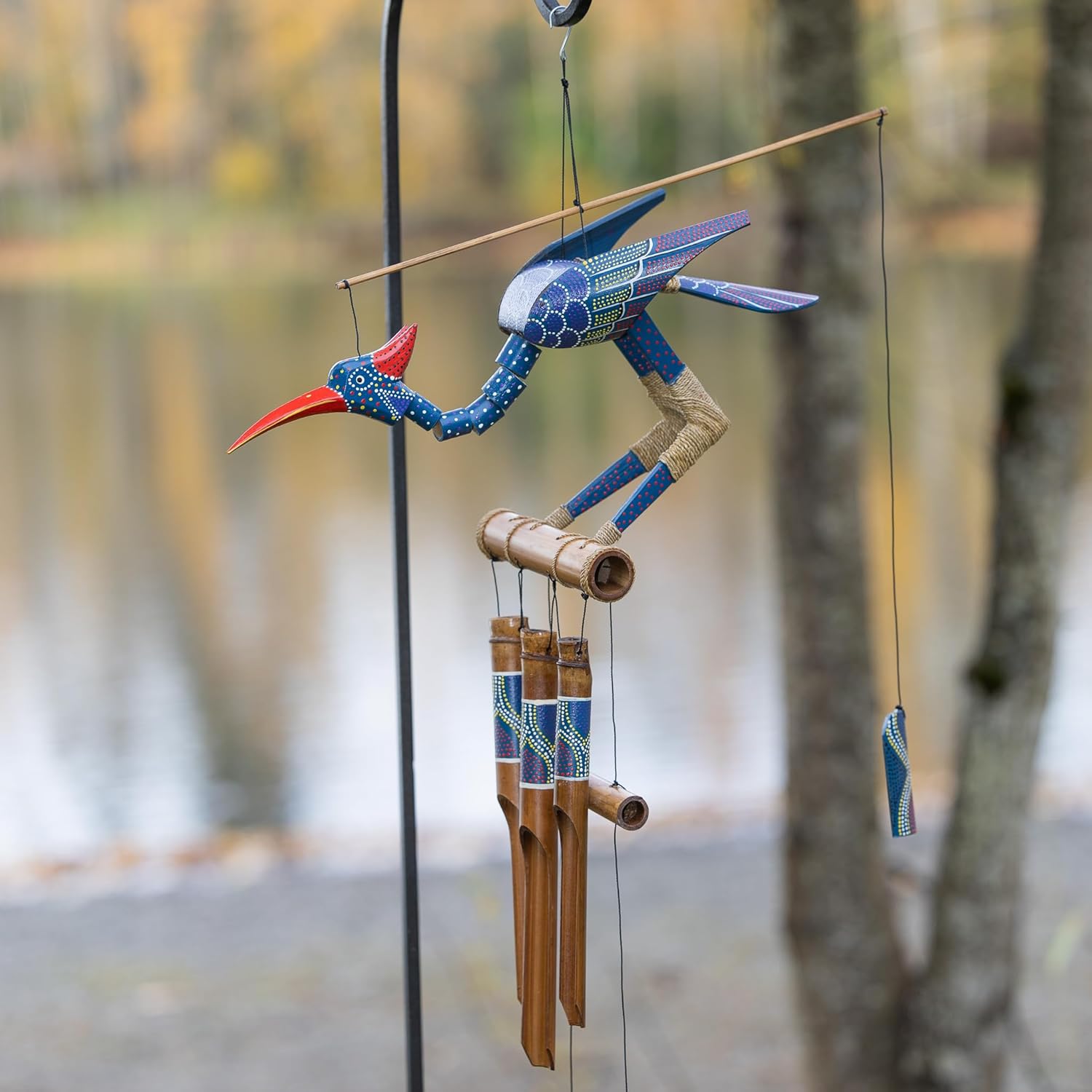 Hand Painted Purple Spotted Bamboo Wind Chime with Bobbing Head Bird - Cohasset Gifts 174P Passion Collection | Outdoor Garden Decor, Patio Ornament, Zen Relaxation Gift