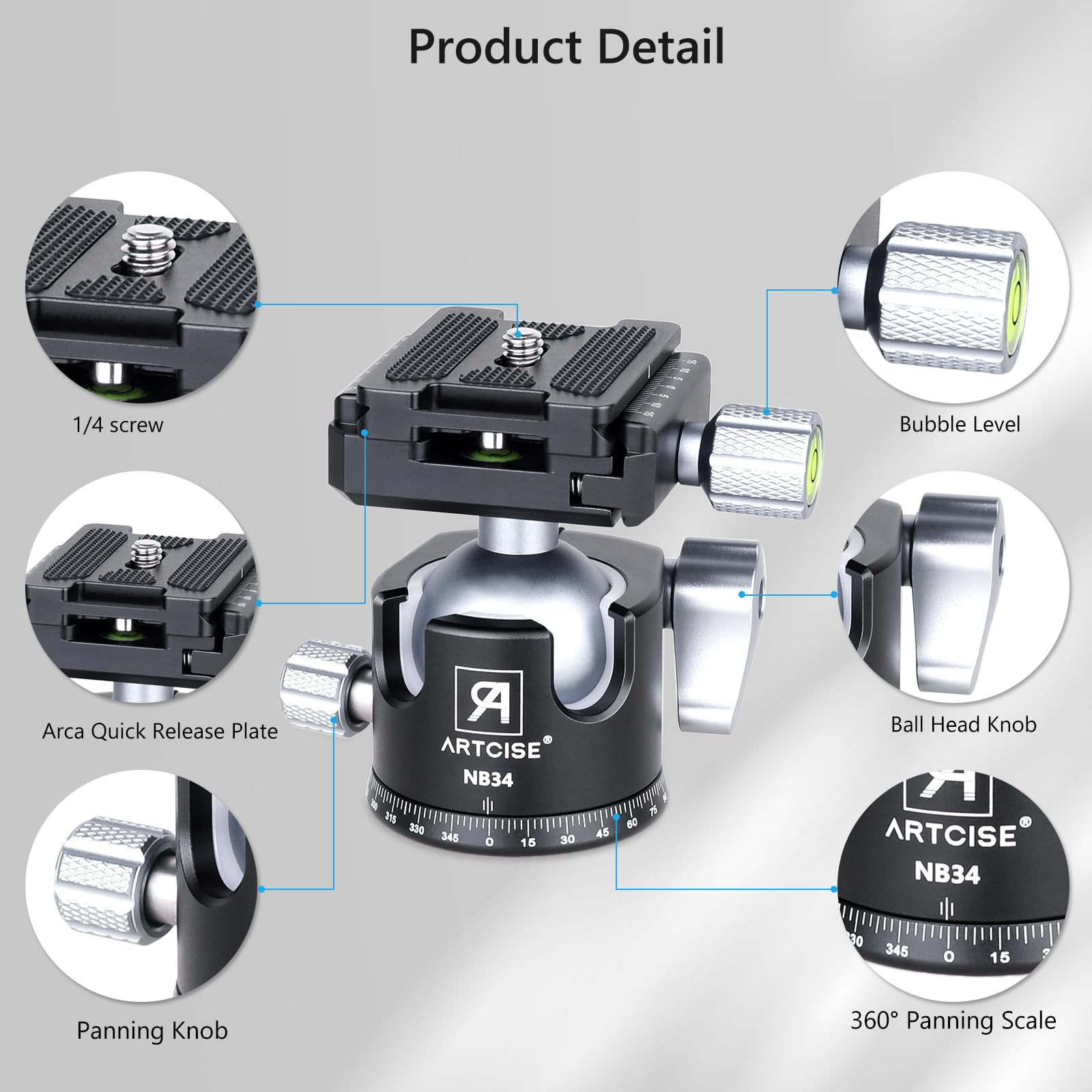 Professional 34mm Ball Low Profile Tripod Head with 2 Arca Swiss Quick Release Plates - CNC Aluminum 360° Rotating Panoramic Ball Head for DSLR Cameras, Monopods & Camcorders - Max Load 33.1lbs/15kg - Perfect for Photography, Videography & Travel Shooting