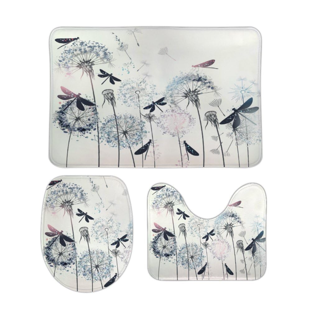 Vintage Dandelion & Dragonfly 3-Piece Bathroom Rug Set with Toilet Cover - Non-Slip, Washable, Soft Absorbent Contour Mats for Bathroom Floor - Perfect for Vintage Style Bathrooms & Guest Bath Decor