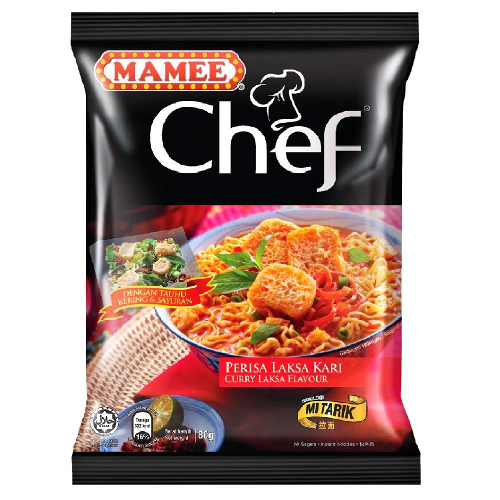 Mamee Chef Instant Noodles Curry Laksa Flavor 80g (32 Packs) | Quick & Delicious Malaysian Style Noodles for Office Lunch, College Dorm Meals & Emergency Food Supply