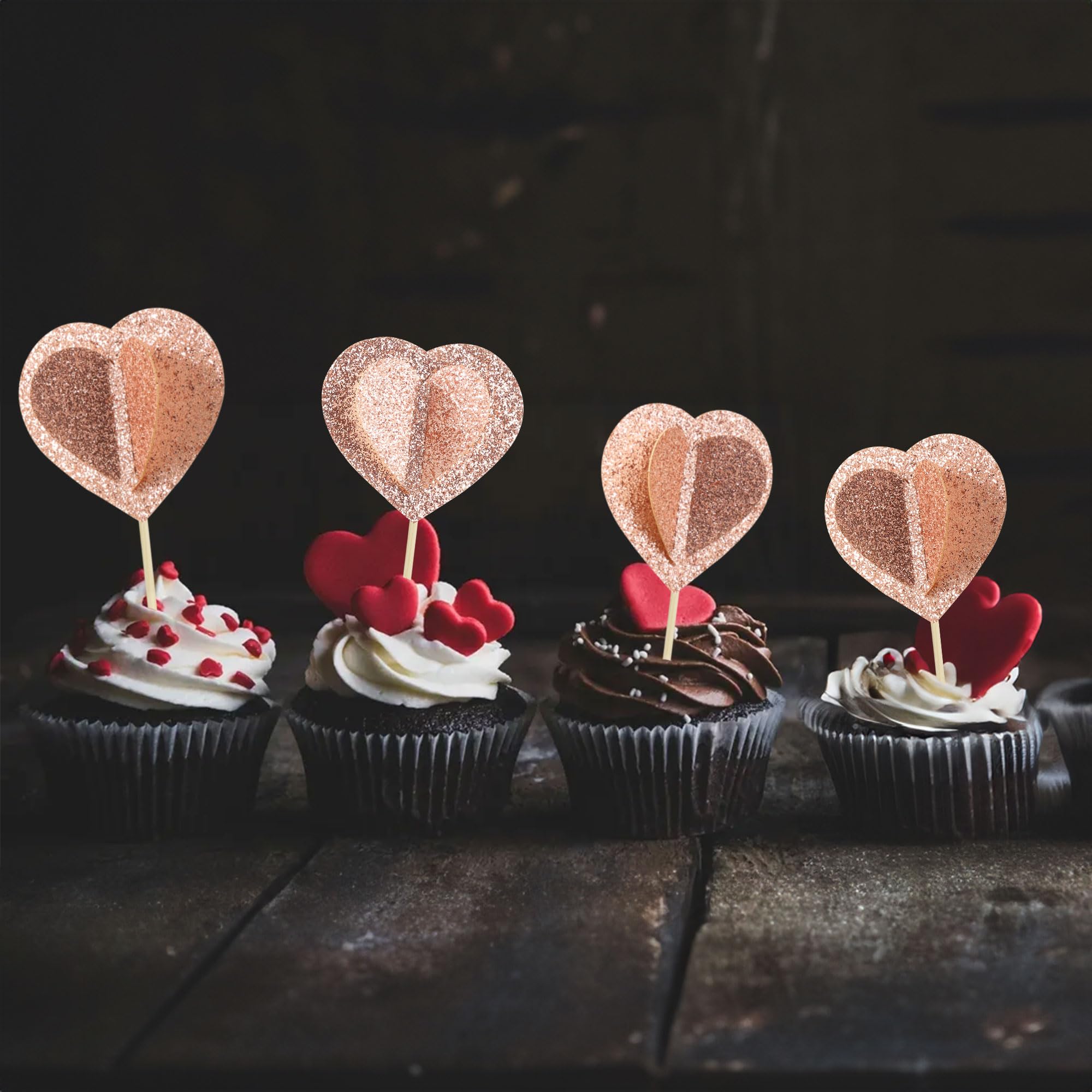 24Pcs Rose Gold Glitter 3D Heart Cupcake Toppers - Double Layer Valentine's Day Cake Decorations for Wedding, Engagement, Bridal Shower & Birthday Parties - Perfect for Romantic Celebrations and Sweet Treat Displays
