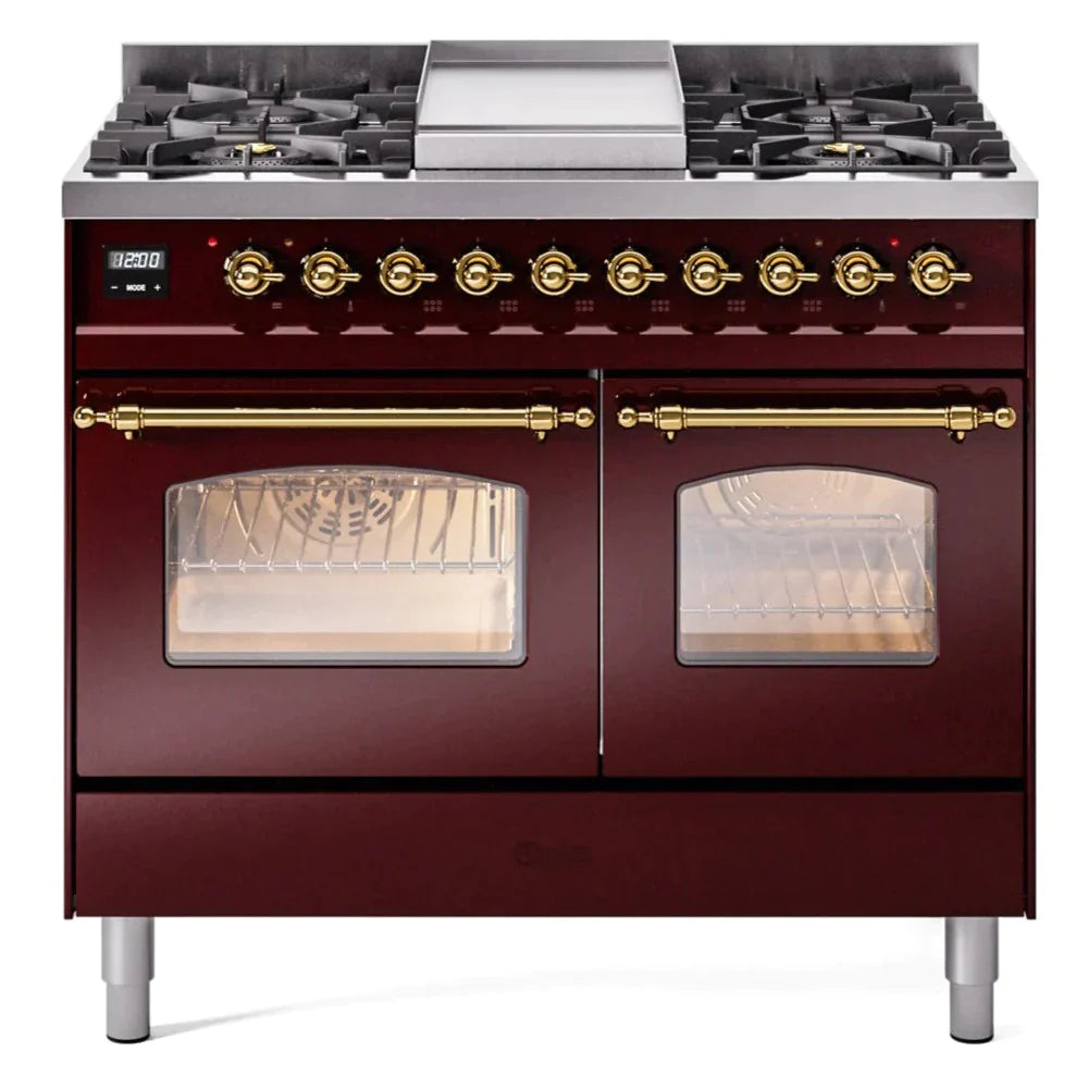 ILVE 40 Nostalgie II Series Freestanding Double Oven Dual Fuel Range - 6 Sealed Burners & Griddle - Professional Gas & Electric Range for Home Kitchen - Perfect for Baking, Roasting & Family Cooking (Model UPD40FNMP)
