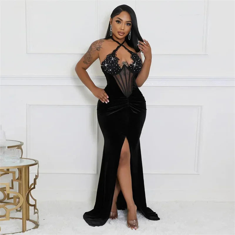 Elegant Rhinestone Fishbone Mesh Velvet Maxi Dress for Women - Halter Lace Up Sexy Long Party Gown with Front Split & Gloves | Perfect for Evening Events, Prom, Wedding Guest & Special Occasions
