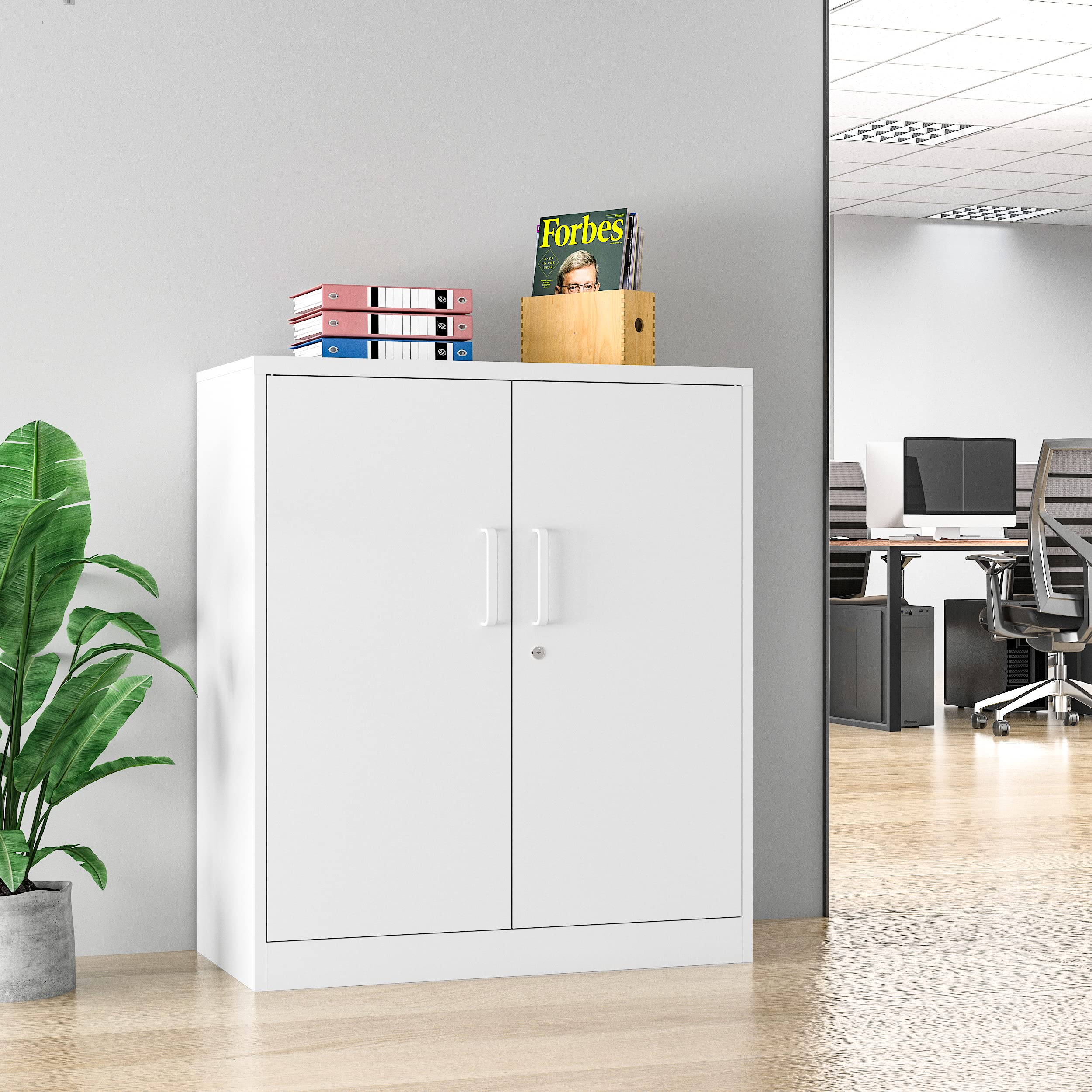 Lockable Metal Storage Cabinet with 2 Adjustable Shelves - White Steel Office Cabinet for Home, Office, Garage & Hallway | Secure Tool Storage & Counter Organization Solution