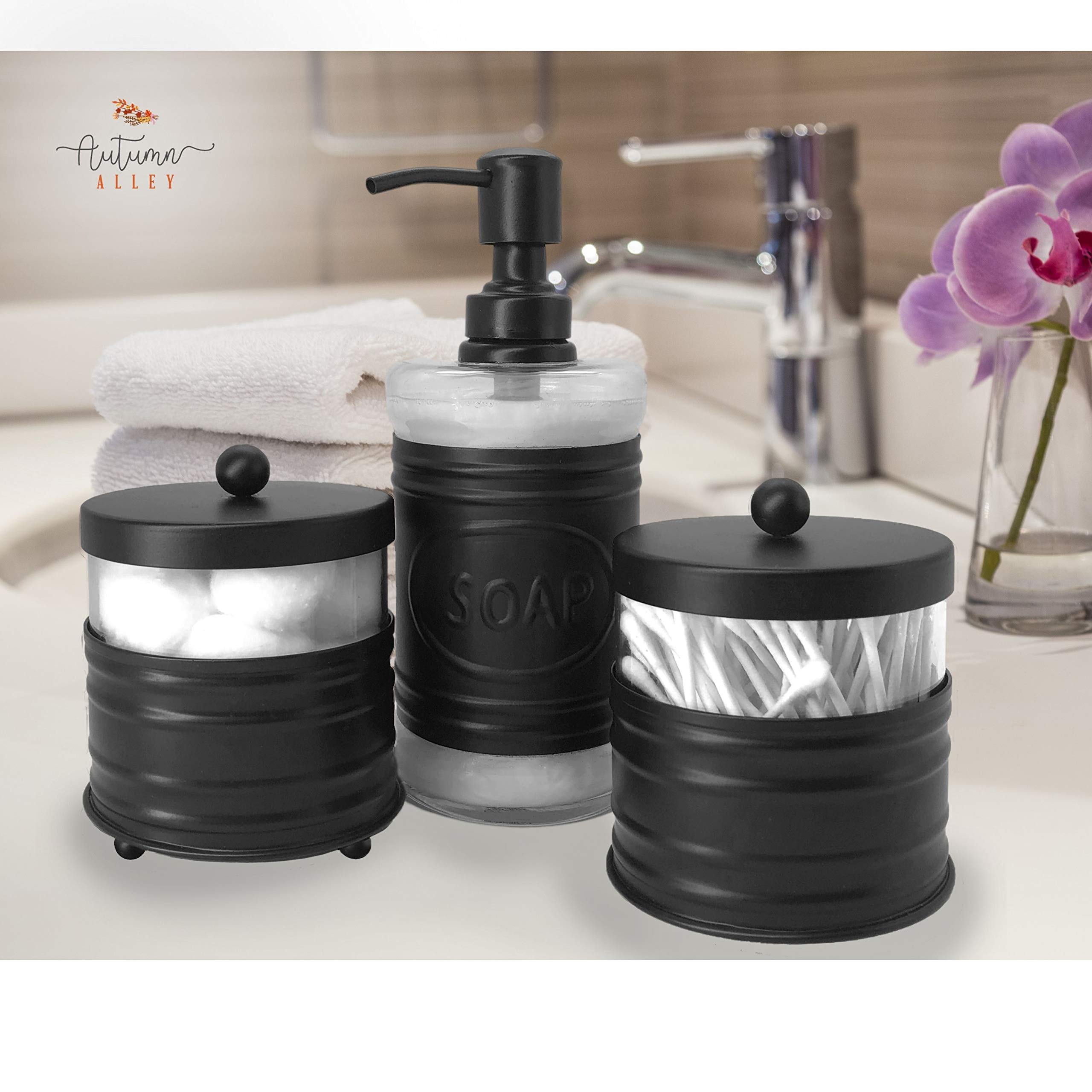 Modern Farmhouse Bathroom Accessory Set - 3-Piece Matte Black Soap Dispenser, Cotton Ball Holder & Q-Tip Organizer for Vanity - Rustic Bathroom Decor for Sink Countertop, Guest Bath & Farmhouse Style Homes