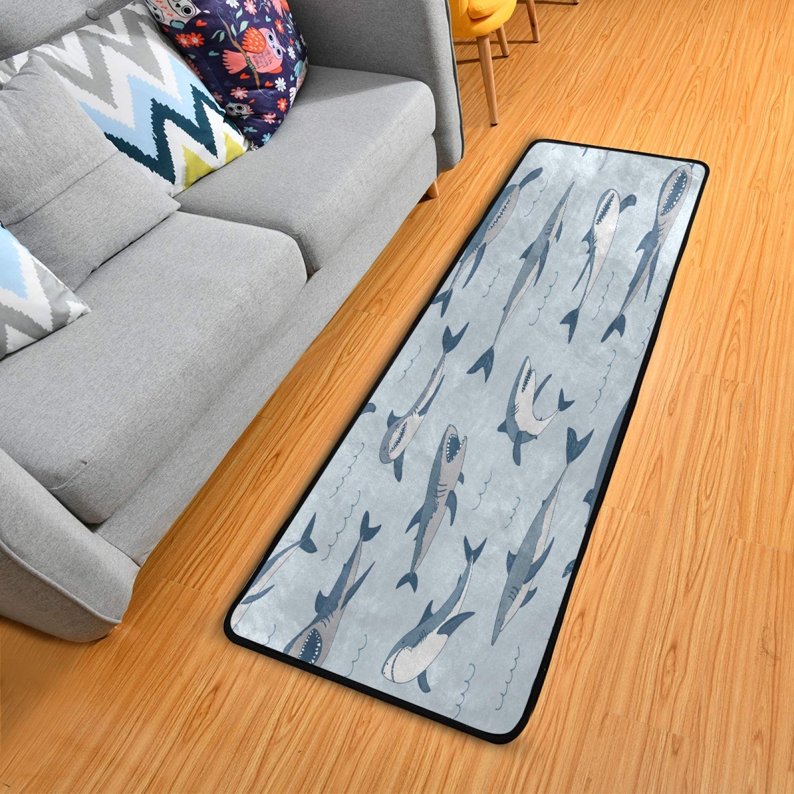 Non-Slip Shark Pattern Runner Rug 2'x6' - Sea Animal Print Hallway Carpet for Living Room, Bedroom, Entryway | Durable Indoor Home Decor for Kids Room, Bathroom & High Traffic Areas