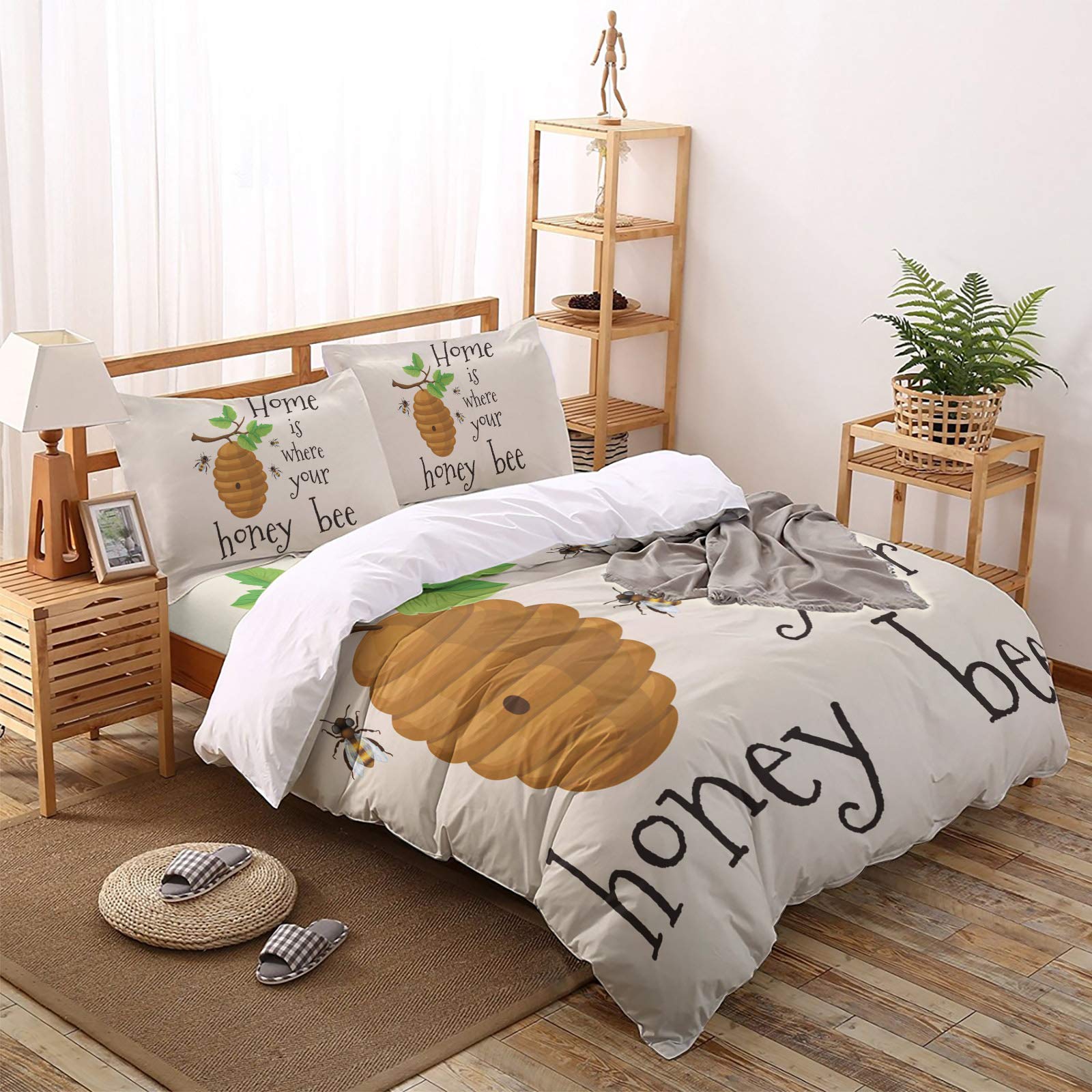 Honey Bee Beige 4-Piece King Size Duvet Cover Set - Breathable All Season Bedding Includes 1 Duvet Cover, 1 Flat Sheet & 2 Pillowcases - Cozy Home Decor for Master Bedroom, Guest Room & Airbnb