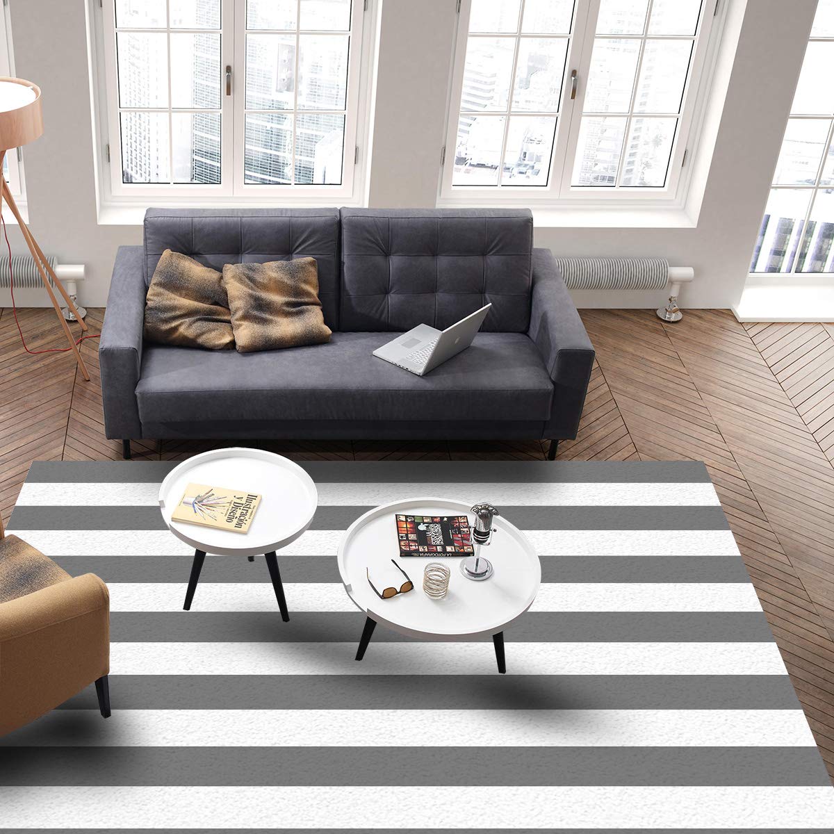 Non-Slip Striped Area Rug 2' x 3' - Waterproof Indoor Floor Mat, Anti-Fatigue Comfort Carpet in Gray & White | Perfect for Living Room, Bedroom, Office & Entryway