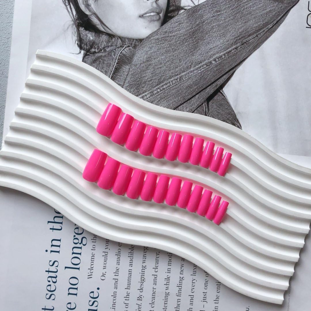 Xcreando Medium Long Square Press On Nails - Hot Pink Acrylic Fake Nails with Glue, Natural Thick Artificial Nails for Women | Perfect for Parties, Weddings, Date Nights & Everyday Glam