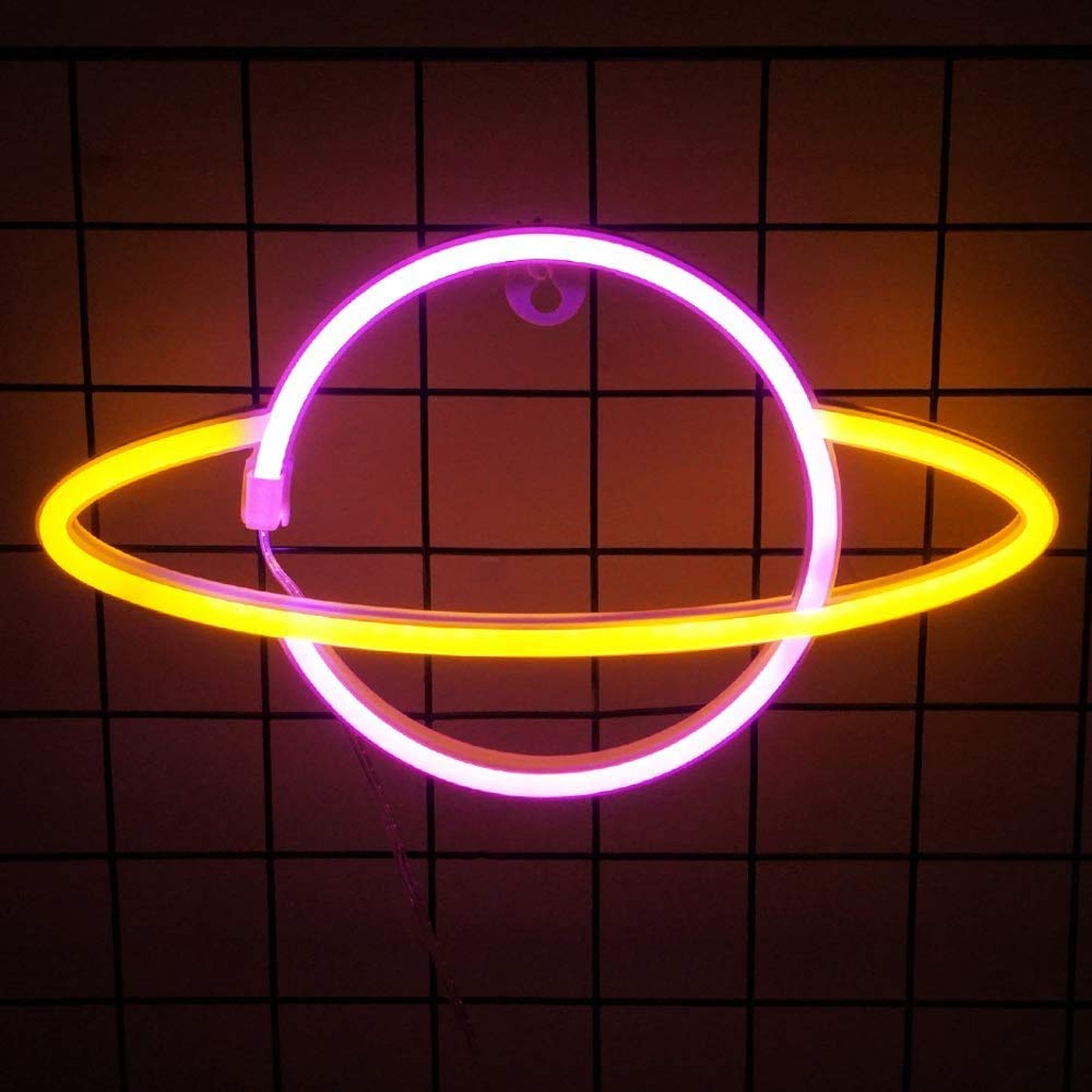 WONFAST LED Neon Sign - Planet Rocket Acrylic Night Light with Battery/USB Power, Wall Decor for Kids Room, Christmas, Birthday & Wedding Party (Pink/Yellow) - Perfect for Bedroom, Nursery, Game Room & Home Decor
