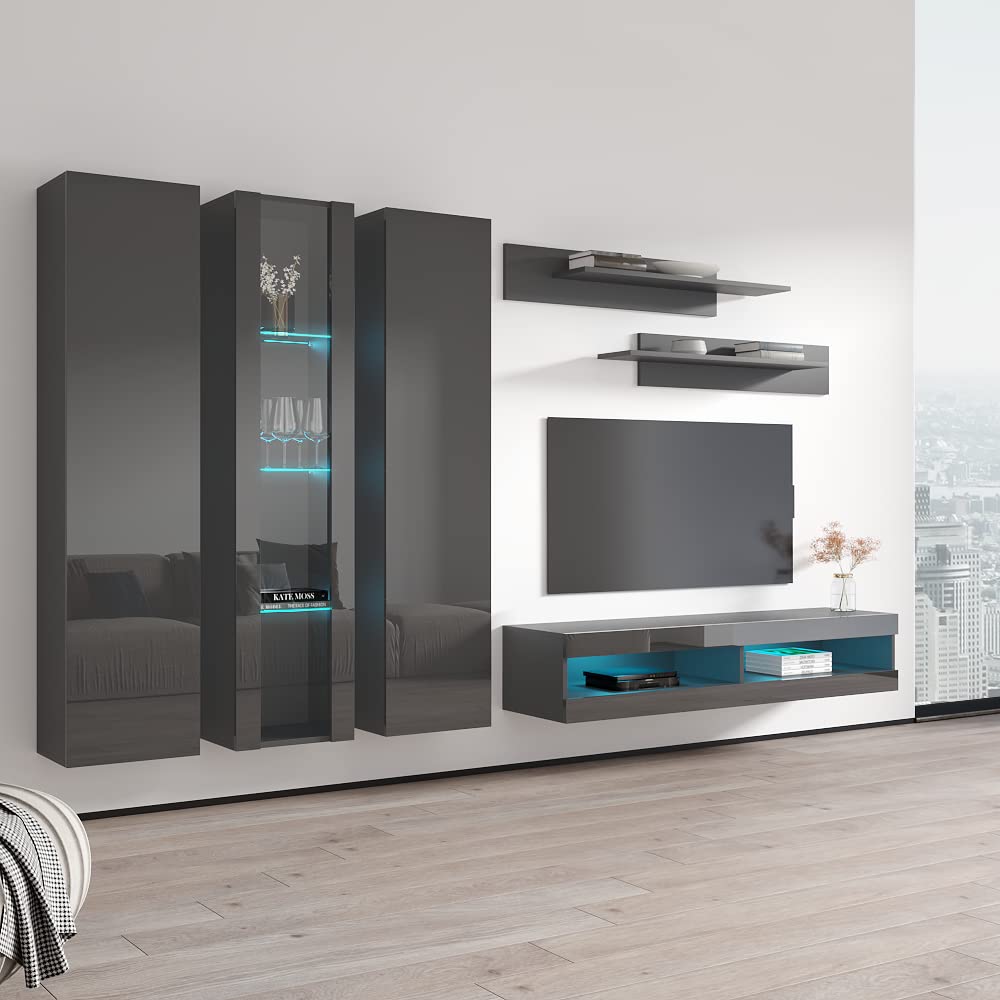Modern Gray TV Stand with Storage & LED Lights - Wall-Mounted Entertainment Center Console for Bedroom & Living Room - Slim TV Cabinet with Shelves & Adjustable Lighting - Perfect for Small Spaces & Home Theater Setup (Model C4)