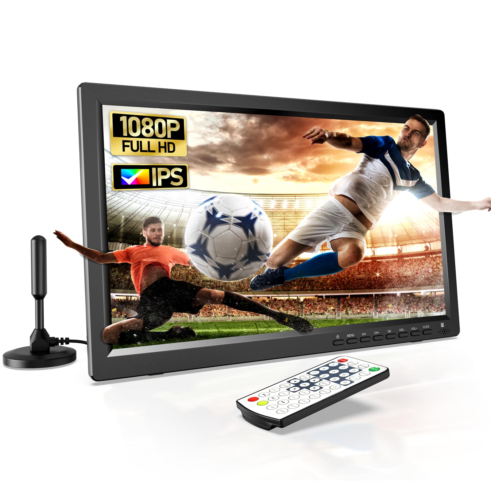 Desobry 15.6 Inch Portable TV with Antenna - HD 1080P Rechargeable Battery Operated Mini TV with DVB-T2 Tuner & Built-in Stand | Perfect for Camping, Travel, Kitchen, Dorm Room & Emergency Use
