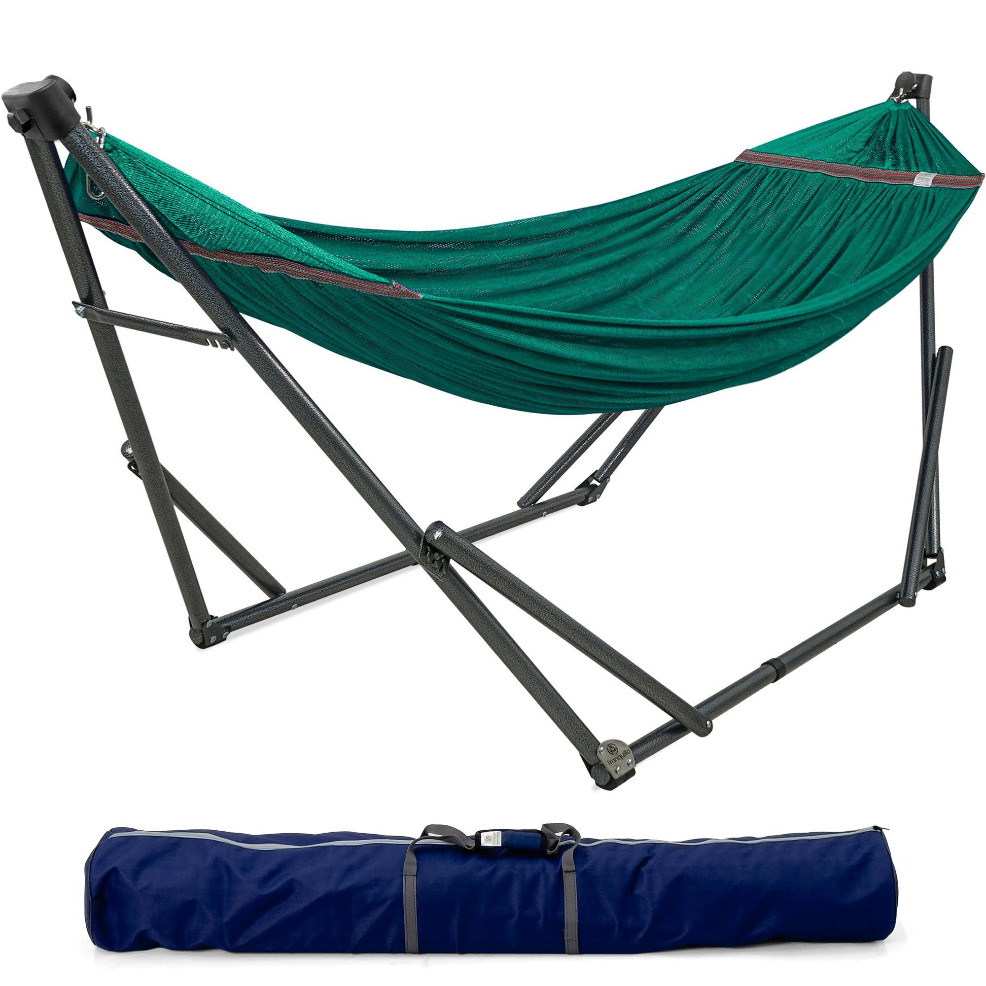 Tranquillo Foldable Hammock Stand with Breathable Polyester Net - 600 lbs Capacity Steel Frame for 2 Person Outdoor Camping, Backyard Relaxation & Beach Lounging - Portable Collapsible Double Hammock Set in Peacock Green