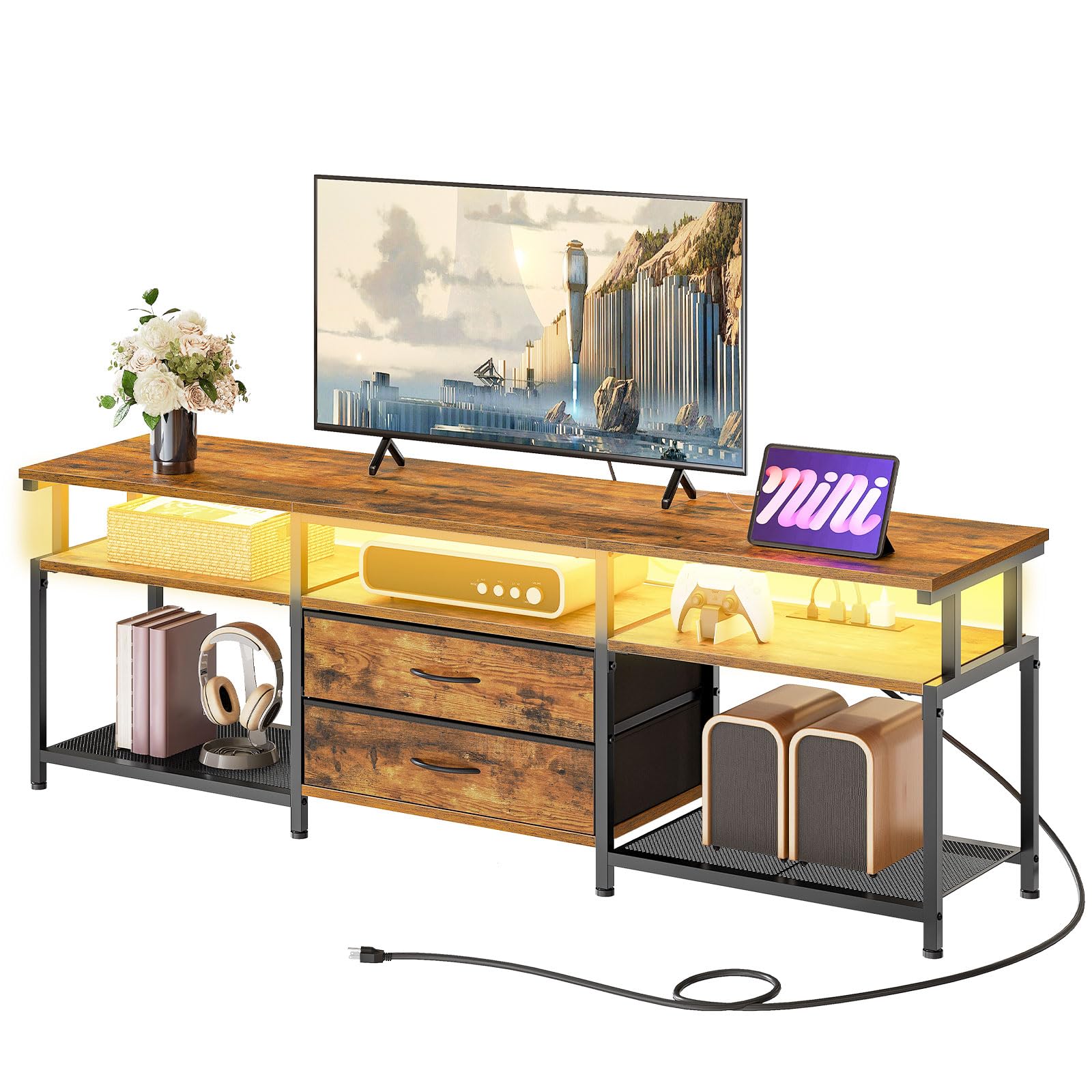 HOOBRO 75 Inch TV Stand with Power Outlet & LED Lights - Modern Rustic Brown Entertainment Center with 2 Non-Woven Drawers - Perfect for Living Room, Bedroom Home Theater Setup (Model BF55UDDS01)