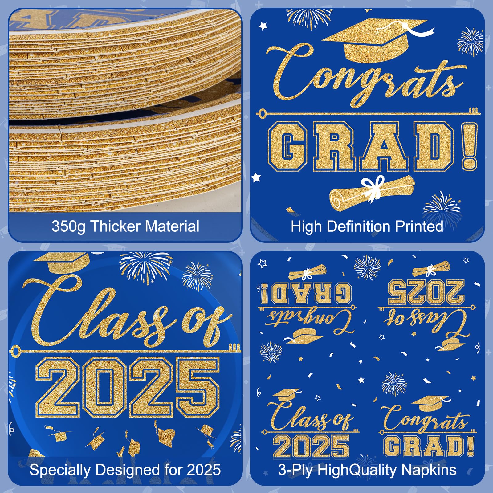2025 Graduation Party Supplies - Class of 2025 Blue & Gold Disposable Paper Plates & Cocktail Napkins Set (Serves 25) - Perfect for Graduation Decorations, Celebrations & Commencement Parties