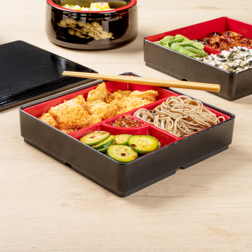 Japanese Style Bento Box - Square Black & Red 4-Compartment Lunch Box (8.25