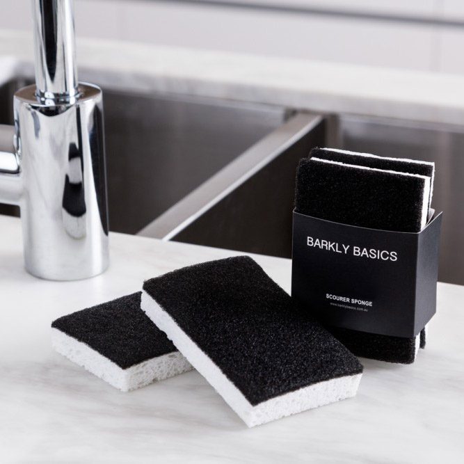 BARKLY BASICS Black and White Scourer Sponge (2 Pack) - Heavy Duty Cleaning Sponges for Kitchen, Dishes, Pots & Pans - Non-Scratch Scrub Sponges for Tough Stains