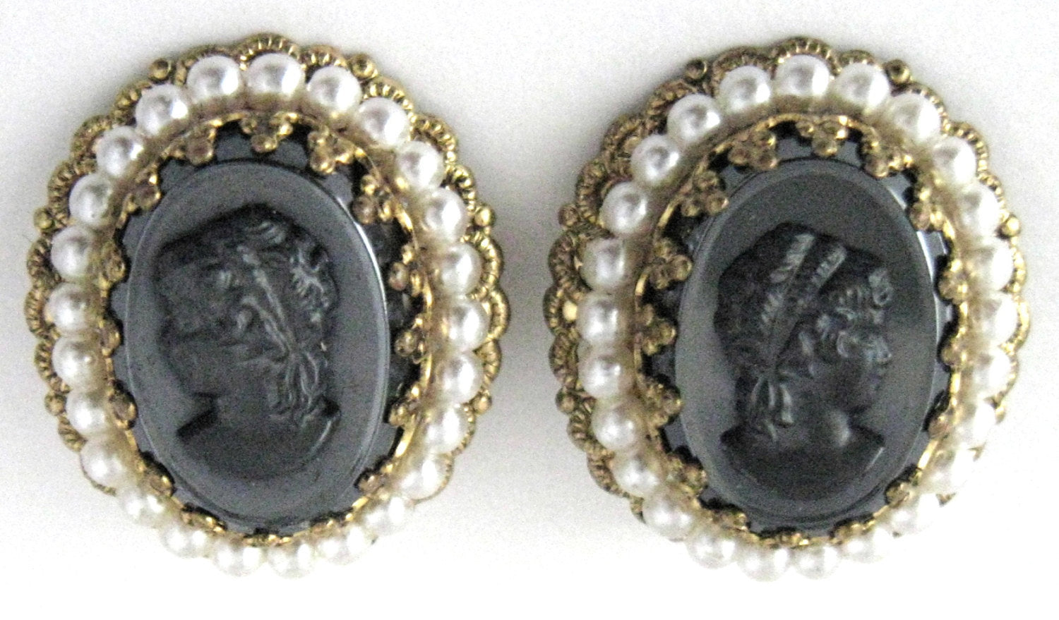 Vintage 1950s Black Glass Cameo Pins & Earrings Set with Rhinestones, Pearls, and W Germany Filigree - Perfect for Retro Fashion, Costume Parties, and Antique Jewelry Collectors