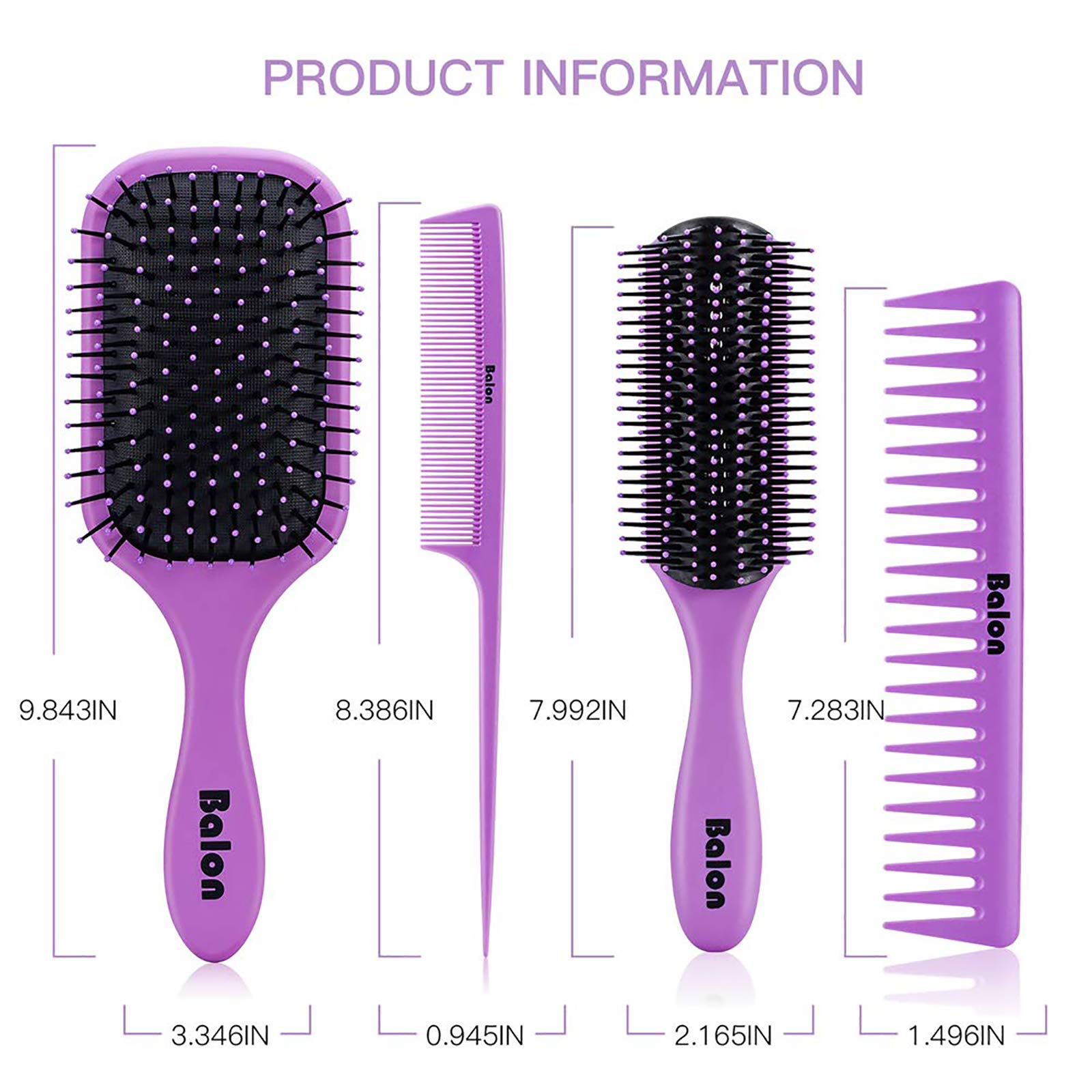 4Pcs Hair Brush Set for Women - Detangling Paddle Brush & Comb for Wet or Dry Hair - No Tangle Hair Care for Straight, Long, Thick, Curly & Natural Hair (Purple) - Perfect for Daily Styling, Salon Use & Travel Essentials