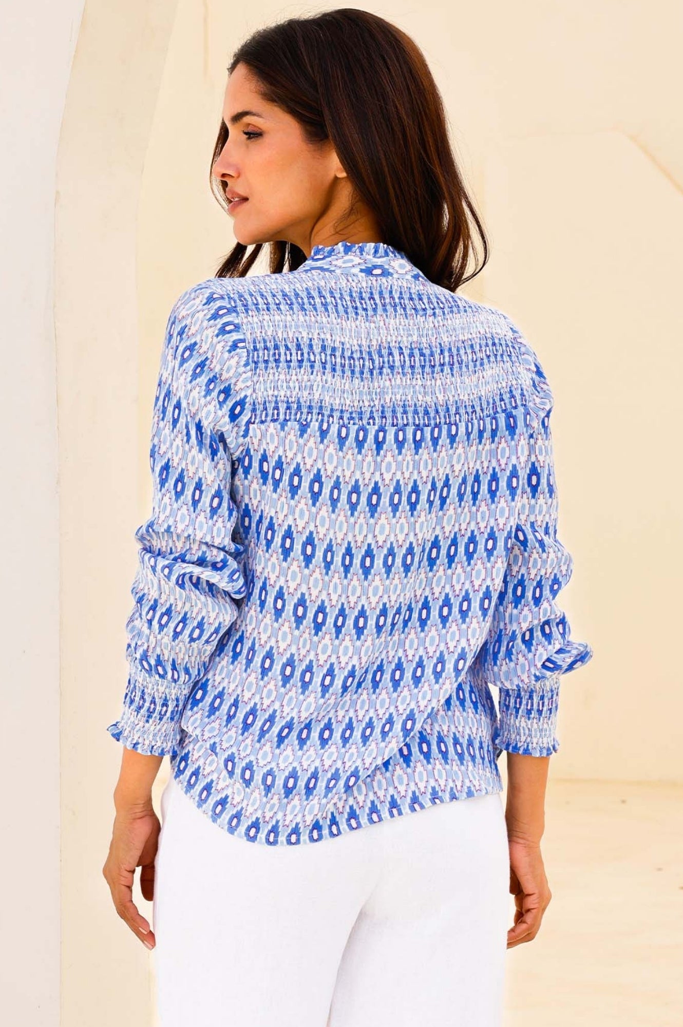 Kaia Blouse Women's Aztec Print Light Blue and Red Floral Boho Top - Perfect for Casual Wear, Festivals, and Vacation Outfits