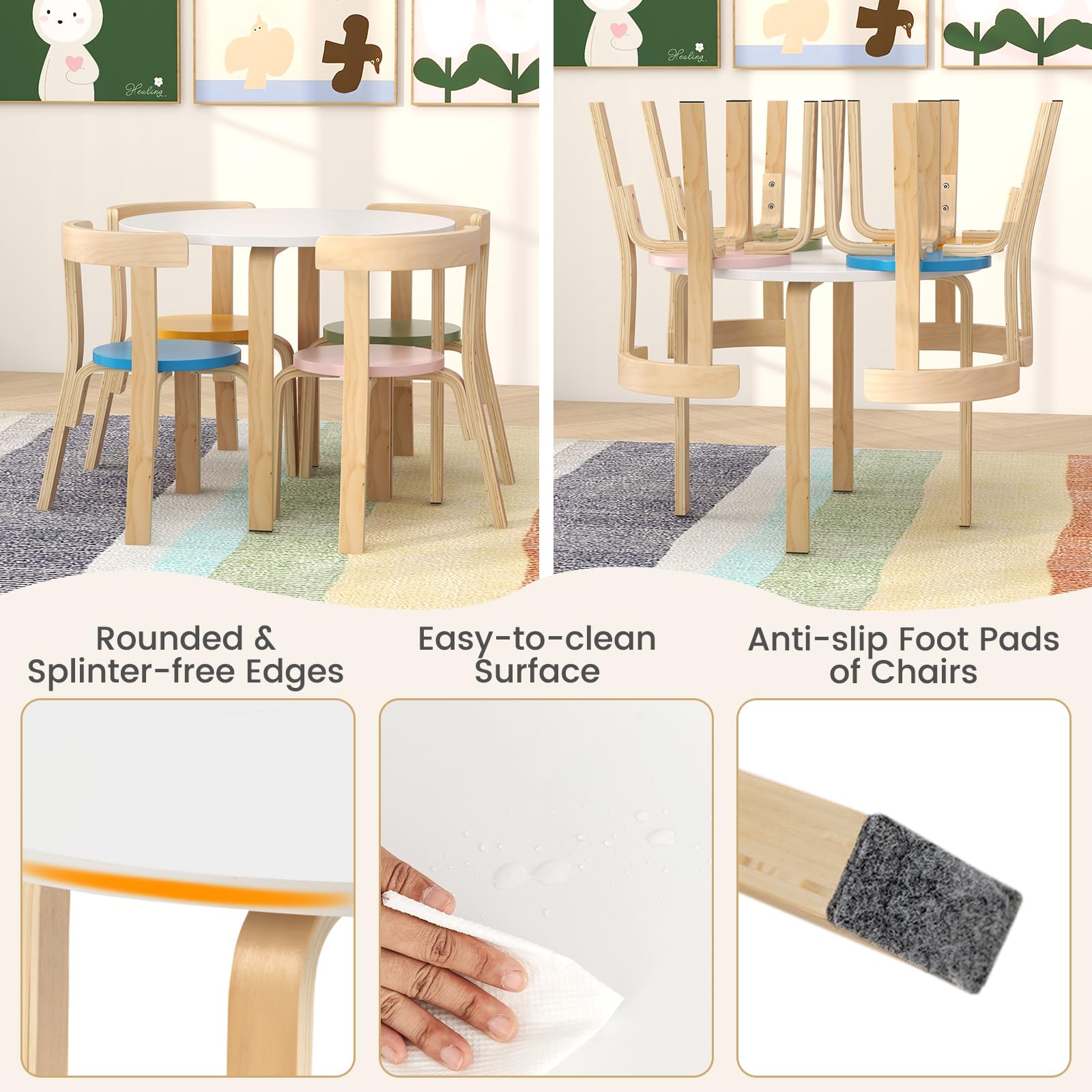 **HONEY JOY Kids Table and Chair Set - 5-Piece Bentwood Toddler Round Table with 4 Chairs for Crafts, Art, Building Blocks | Perfect for Daycare, Kindergarten, Playroom & Home Learning Activities**