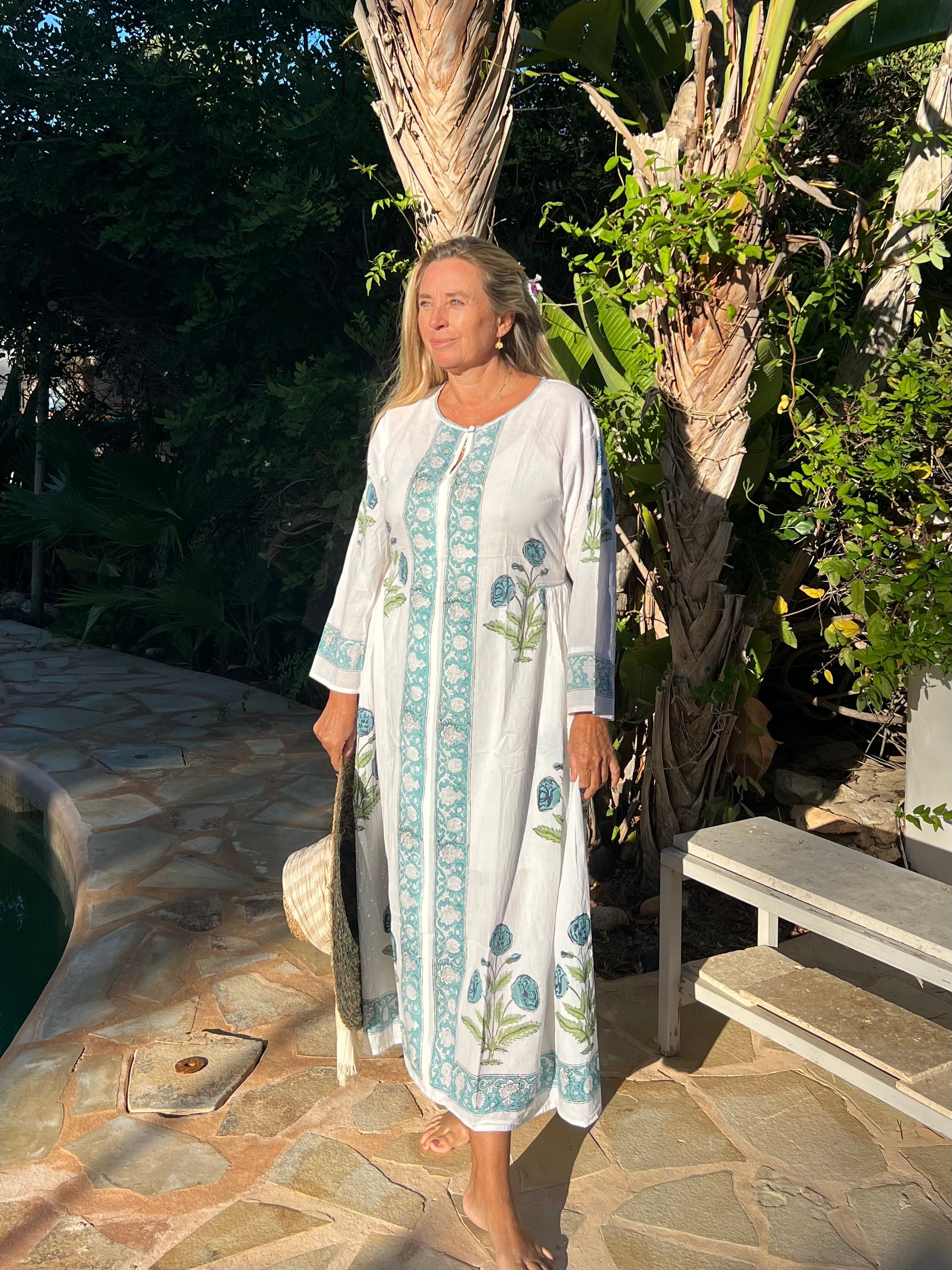 Exquisite Mughal Dress with Turquoise Roses Block Print - Perfect for Festivals, Weddings & Cultural Events