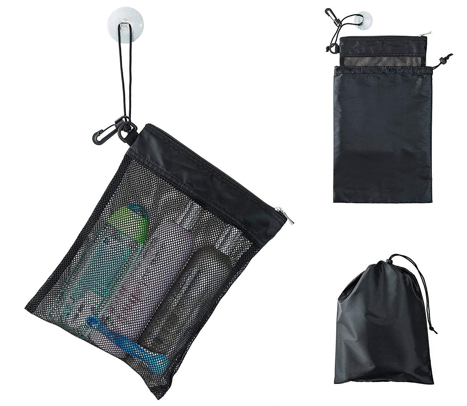 Waterproof Mesh Shower Caddy Organizer - 12”L x 9”W Hanging Toiletry Bag with Suction Cups & Drawstring Pouch (14”L x 10”W) - Compact Travel Shower Tote for Camping, Gym, Dorm & Beach Essentials - Black