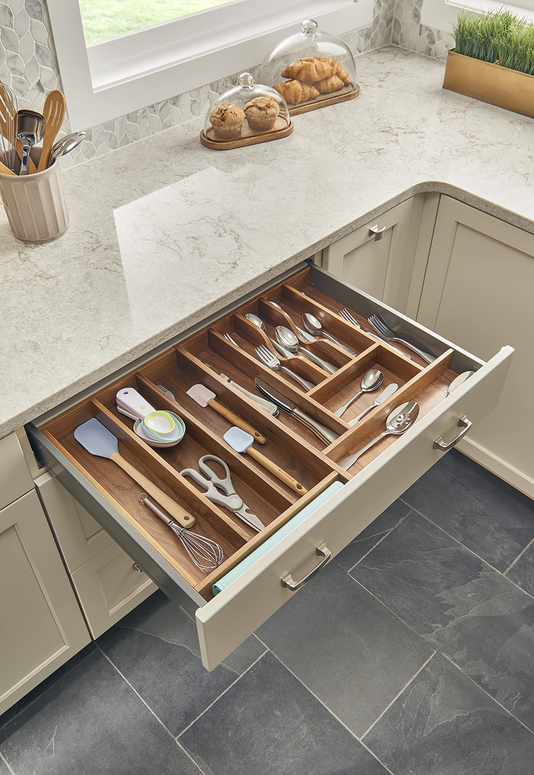 REV-A-SHELF Walnut Trim-to-Fit Shallow Utensil Drawer Organizer - Kitchen Drawer Insert for Knives, Spoons & Cooking Tools - Perfect for Home Kitchen Organization & Storage